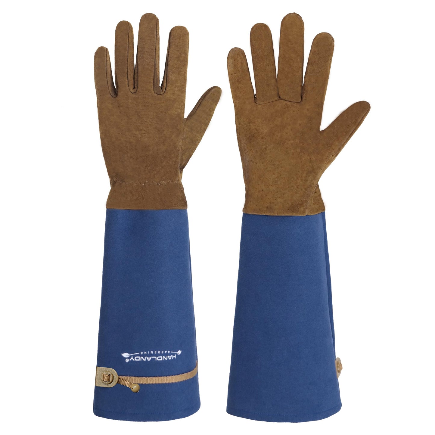 HANDLANDY Long Gardening Gloves for Men & Women, Pigskin Leather Rose Pruning Gloves, Breathable Thorn Proof Gauntlet Glove (Blue, M)
