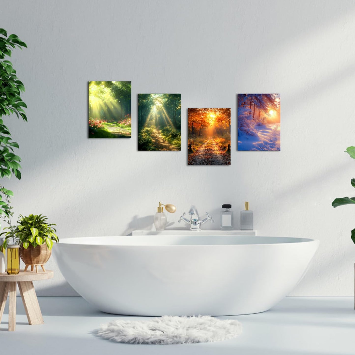 LoveHouse 4 Seasons Wall Art Spring Summer Autumn Winter Canvas Prints Forest Landscape Painting Morning Sunshine Picture For Bedroom 12"x16"x4Pcs