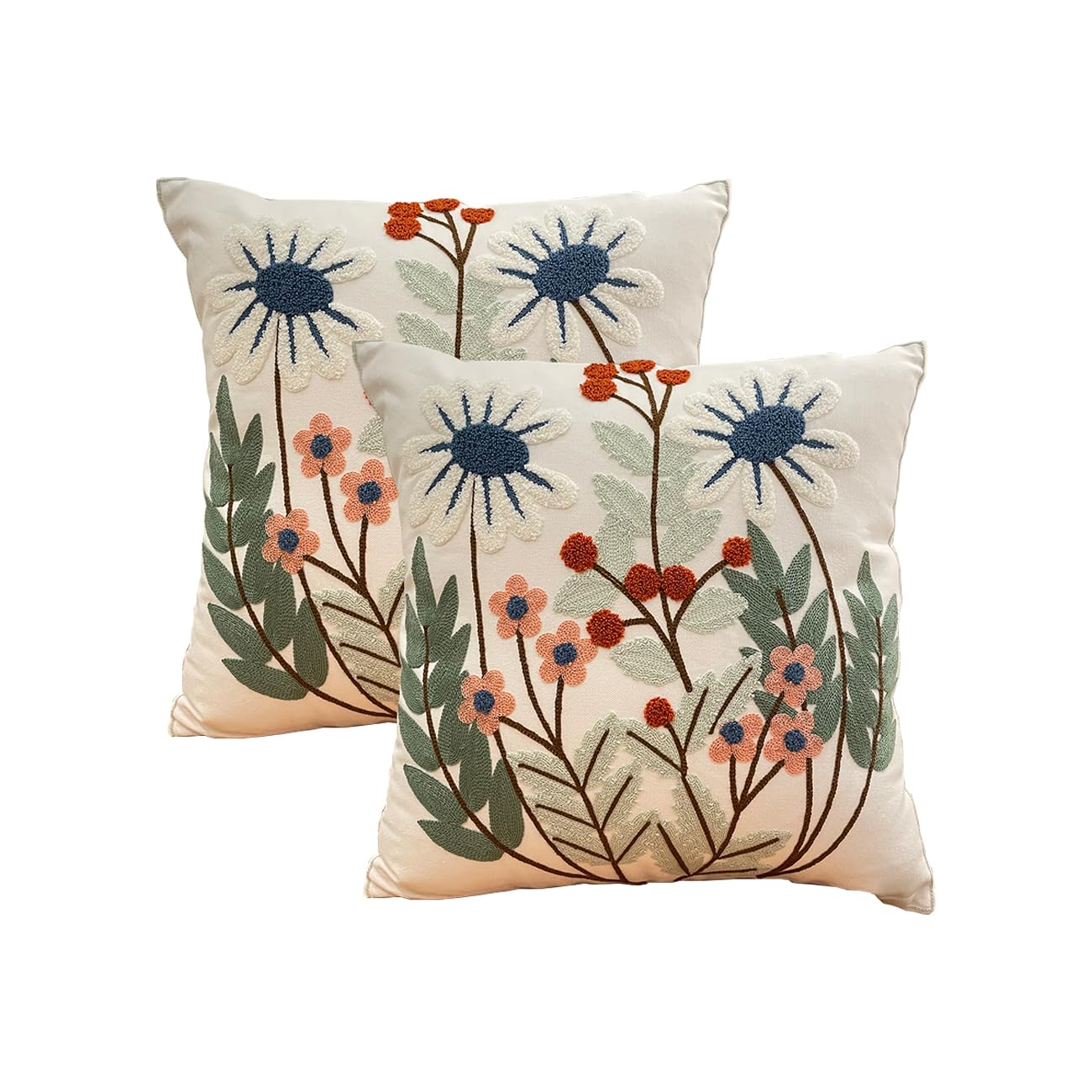YIcabinet Pillow Covers Set of 2, Embroidered Leaves Pattern Throw Pillow Cover,Square Cotton Cushion,Pillow Case for Sofa Bedroom Couch,18"x18"