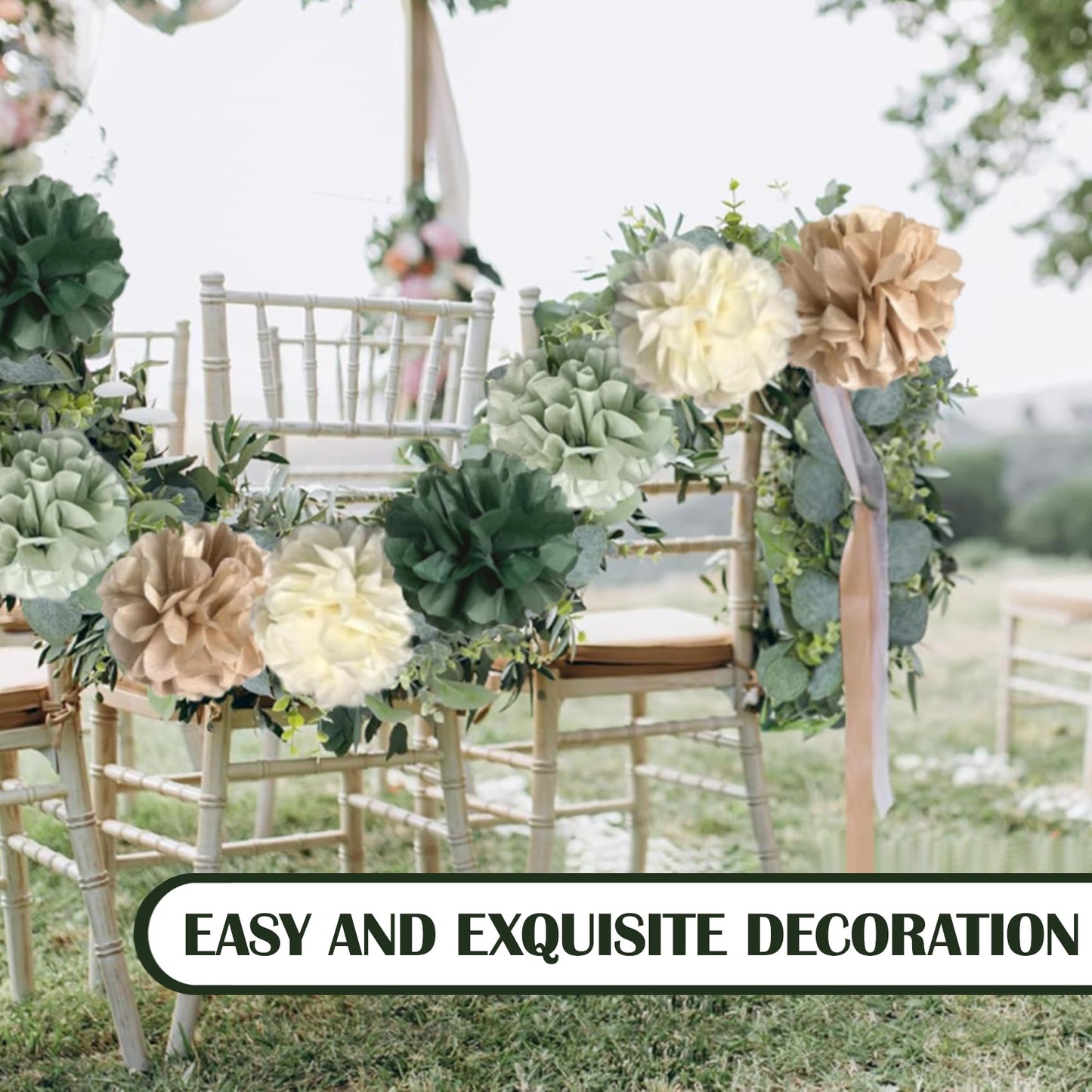 Tissue Paper Flowers Pom Pom Garland with Leaf Ribbon, 2 PCS 8.2ft Hanging Streamer for Wedding, Baby Shower, Rustic Boho Party Decor, Green Beige Neutral Tones, Reusable & Easy to Assemble