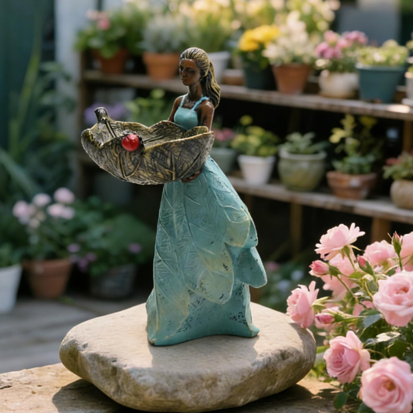 ZUDKSUY 10 Inch Fairy Garden Statue Bird Feeder, Unique Resin Bird Feeder, Decorative Outdoor Bird Feeder for Garden, Lawn, and Home Décor Gift for Women