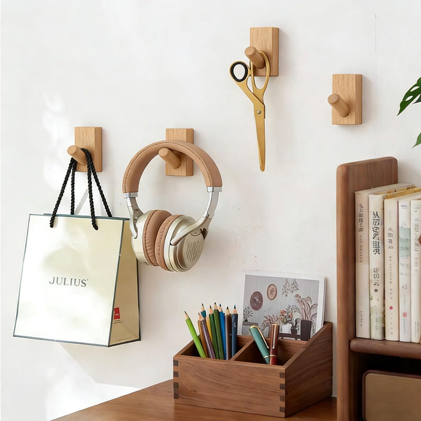 HomeDo 4Pack Adhesive Wall Hooks Hat Rack, Wooden Coat Hooks Wall Mounted, Decorative Hooks Single Organizer Hat Hanger Towel Rack, Heavy Duty Hooks (Rectangle-Beech,4P)