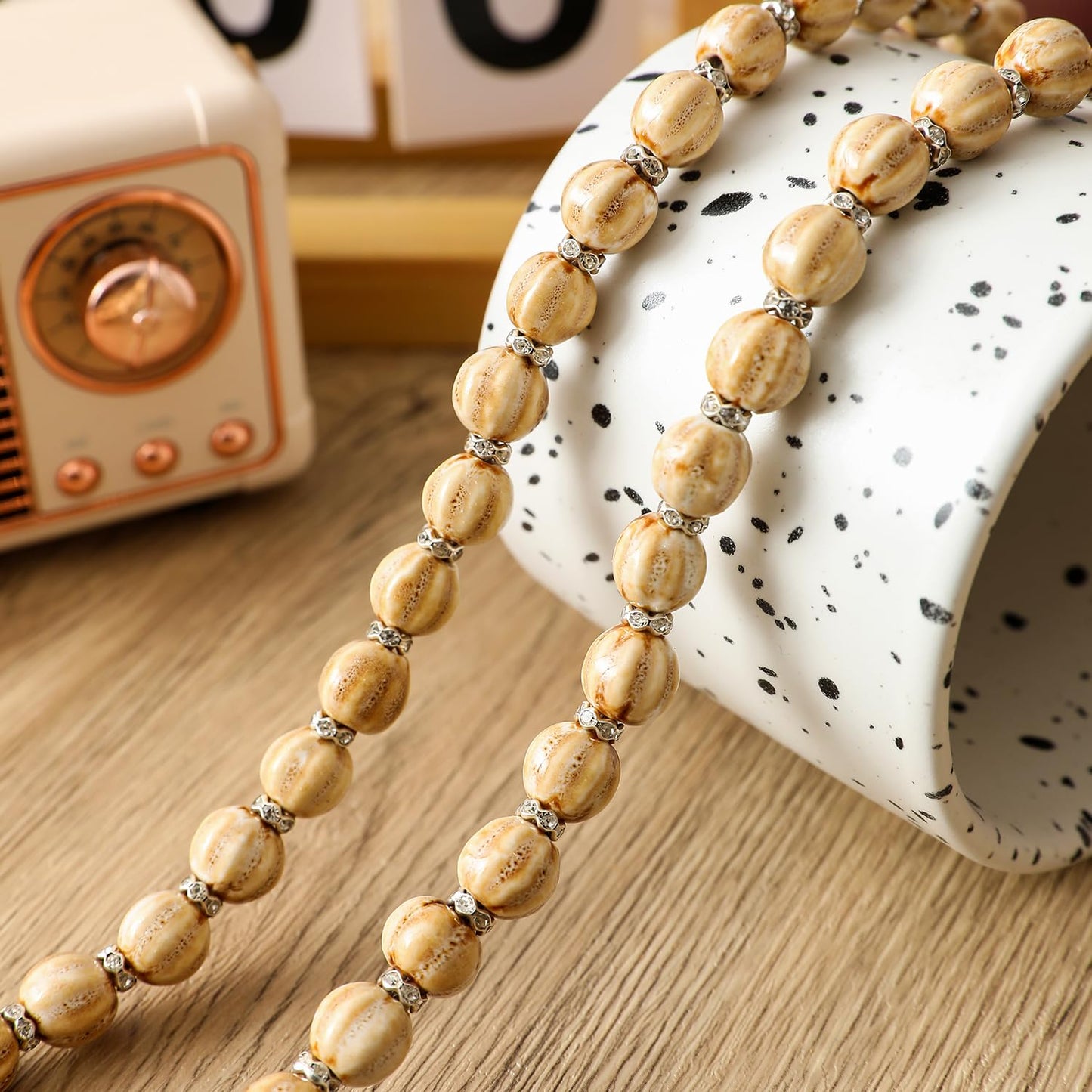 50in Handcrafted Ceramics Beads Garland with Tassels Farmhouse Rustic Ceramic Prayer Bead String Wall Hanging Accent for Boho Home Festival Decor Beige Bead