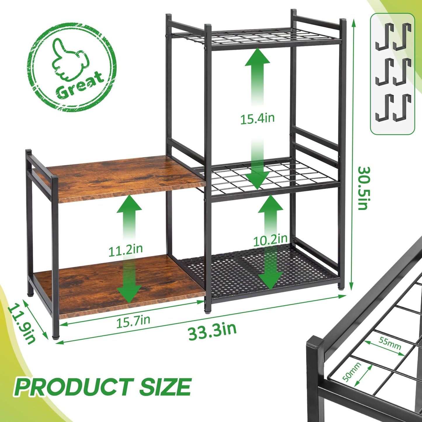 DAOUTIME Garage Tool Organizer with 2-tier Wooden Shelves, Yard Tool Organizer for Garage with 6 Hooks, Heavy duty Steel Garden Tool Rack Holds up to 35 Long Handled Yard tools for Storage, Black