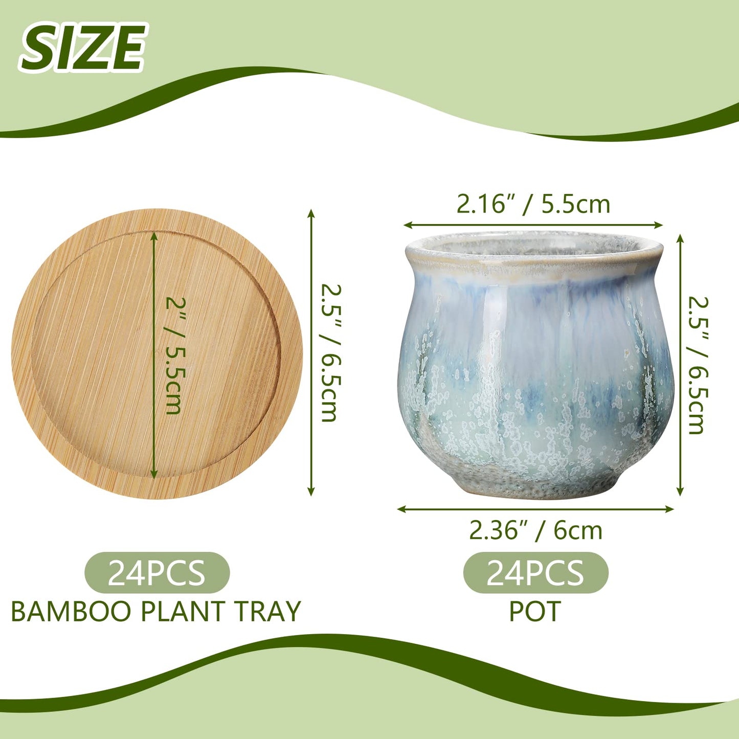 Remerry 18 Pcs Small Succulent Pots Bulk with Drainage 2.5 Inch Assorted Mini Ceramic Succulent Planters Pot with Coaster Bamboo Plant Tray Planting Pots for Home Office Garden