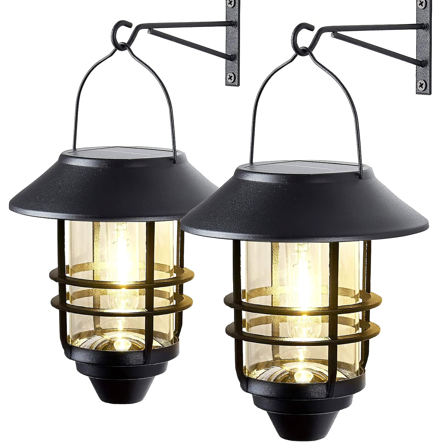 2 Pack Solar Lanterns Outdoor, Hanging Solar Lights for Outside Glass Metal with Wall Mount Bracket,Waterproof Auto Dusk to Dawn Garden Lantern for Fence Porch Decor- Warm White