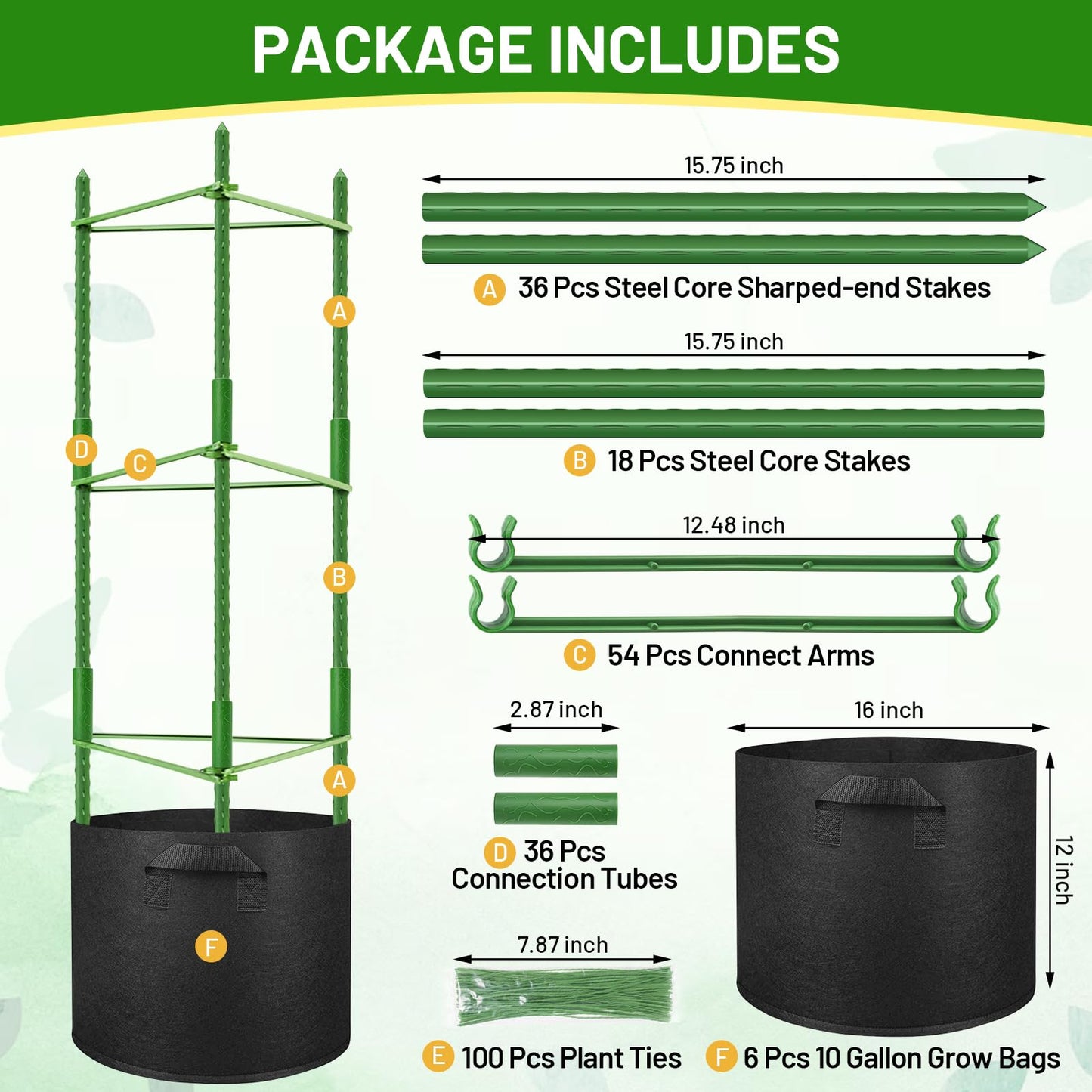 Legigo 6 Pack Tomato Cages with 10 Gallon Grow Bags- 48inch Tomato Trellis Plant Support Stakes Planter, Tomato Plant Cages Garden Trellis for Vertical Climbing Plants Vegetables Flowers Fruits