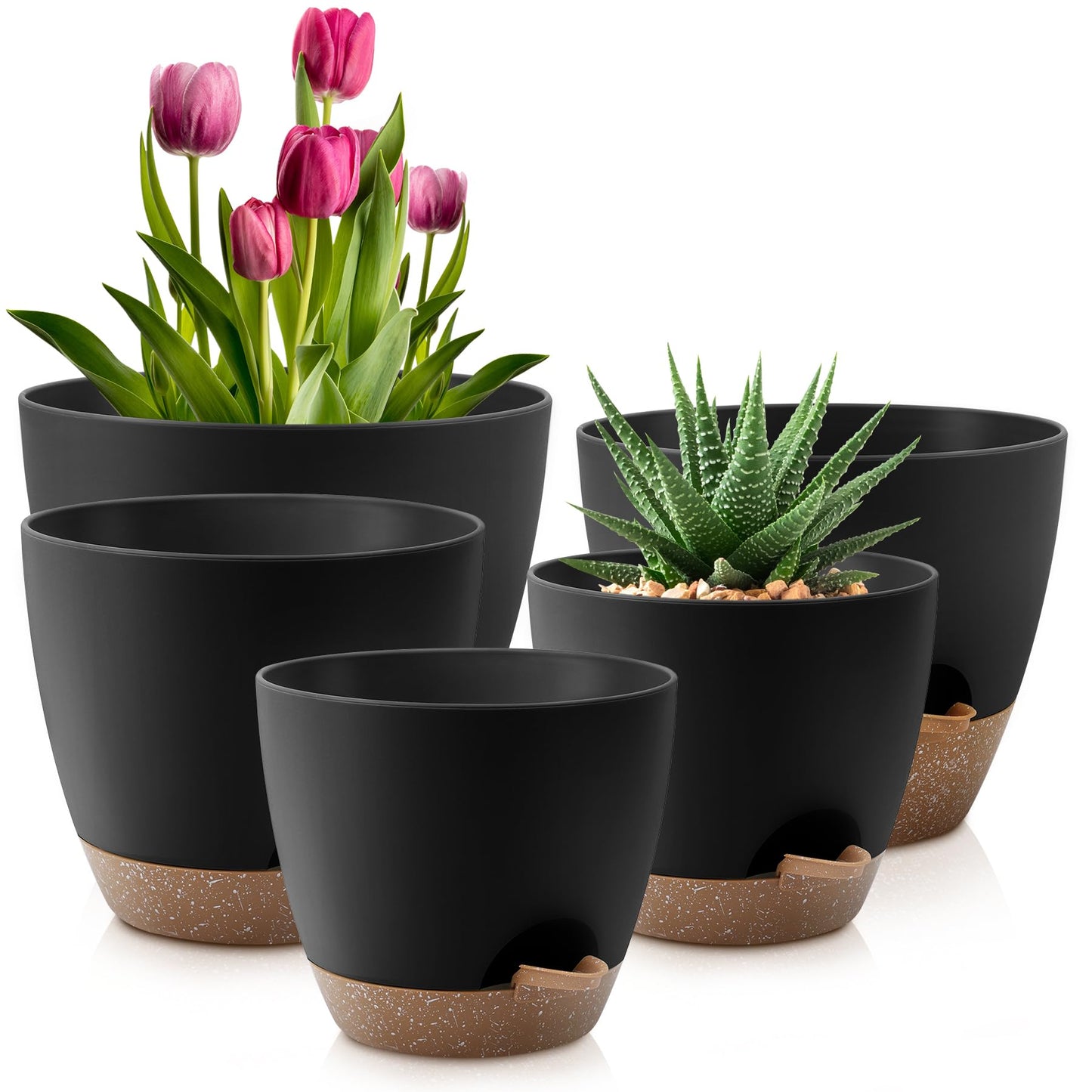 Plant Pots 10/9/8/7.5/7 Inch Self Watering Pots, Set of 5 Plastic Planters with Drainage Holes and Saucers,Plastic Flower Pots,Nursery Planting Pot for Indoor Out Door Plants(Black Brown)