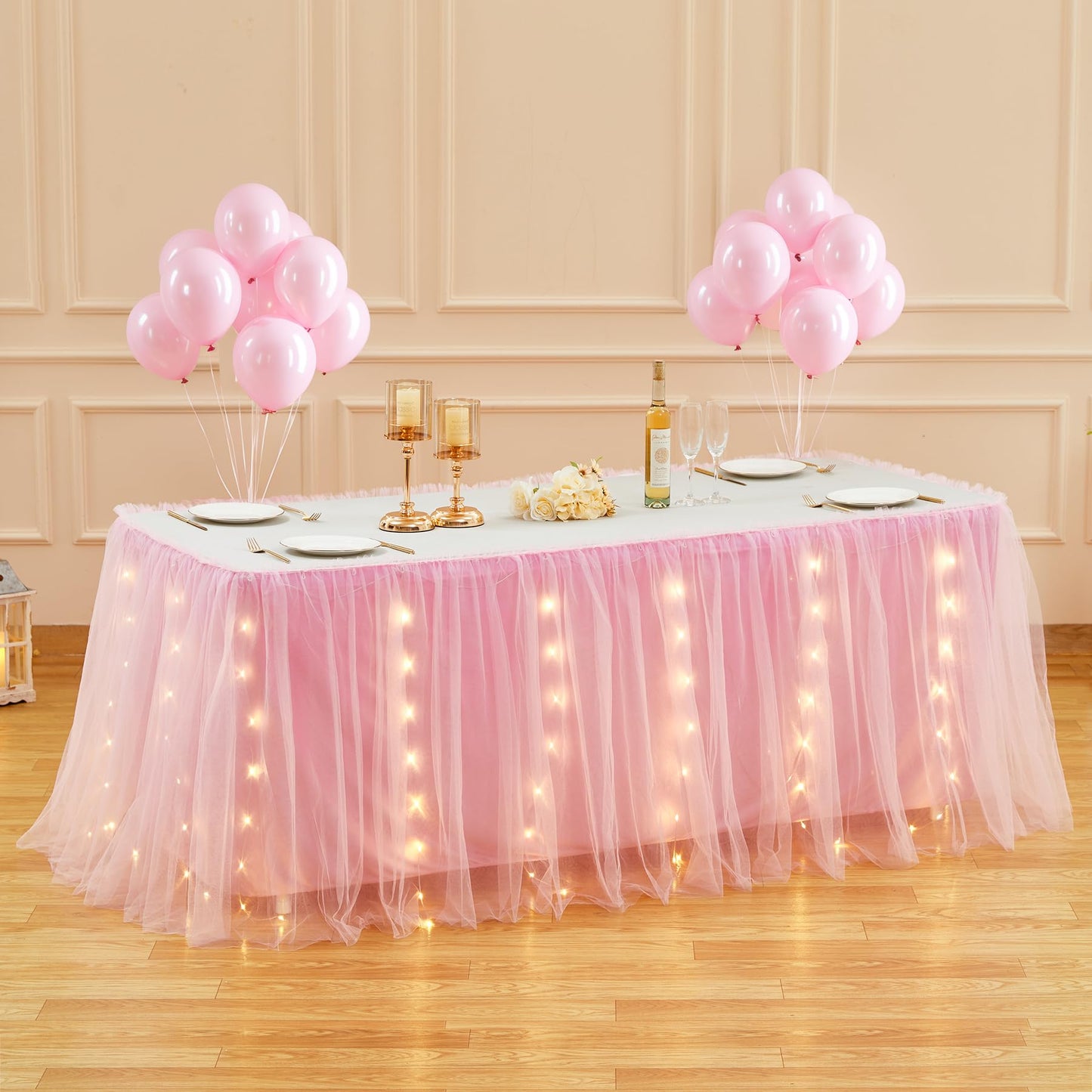 6FT Pink Tulle Table Skirt with LED Lights 2-Layer Ruffle Tulle Tutu Cloth Desk Table Skirt for Birthday Party Baby Shower Wedding Banquet Cake Dessert Decorations