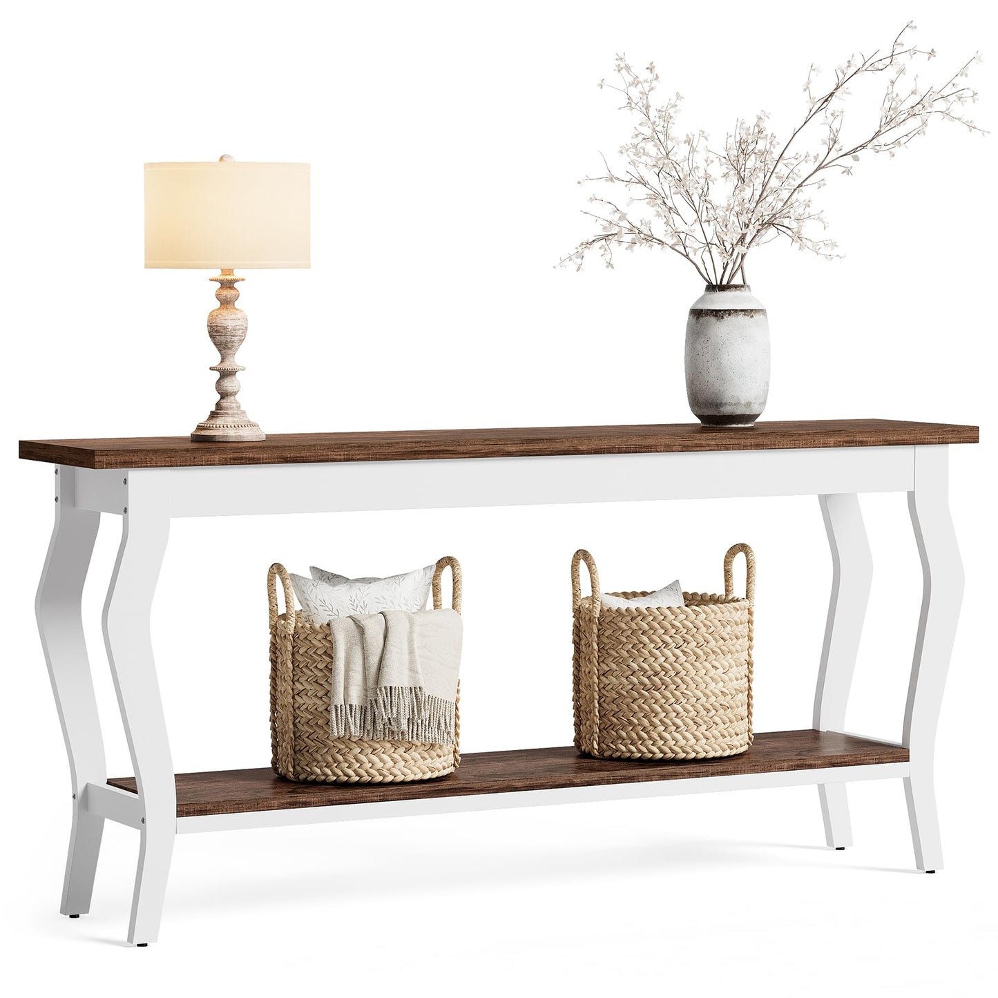 LITTLE TREE 70.9 Inches Long Console Table, 2-Tier Vintage Wooden Sofa Table Behind The Couch with Metal Legs for Hallway, Entryway, Living Room, Brown & White