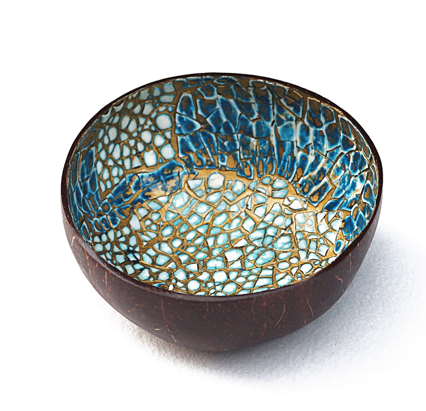 ChezMax Natural Coconut Bowl with Mother of Pearl Inlays - Key Bowl & Fruit Snack Holder (Blue-Gold)
