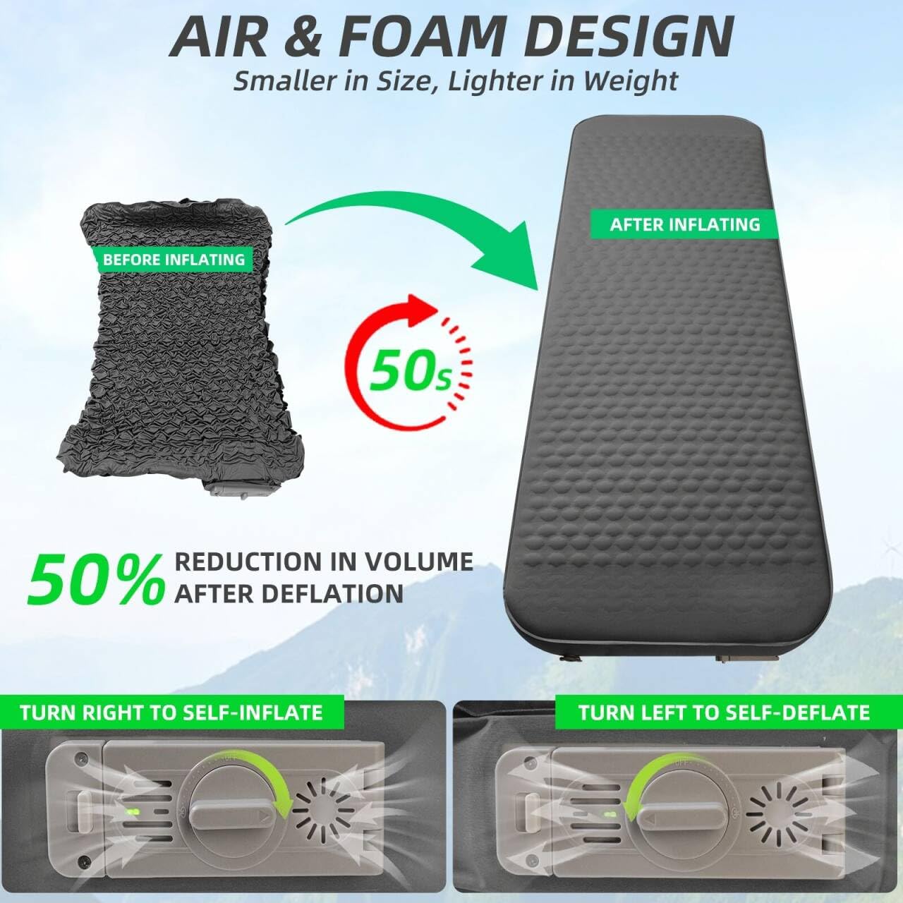 TPYOCQU Self Inflating Sleeping Pad with Electric Pump, 4" Ultra-Thick Memory Foam Camping Sleeping Mat with Pillow, 9.5 R-Value Insulated Camping Pad Mattress for Travel Car Tent (Grey-4Inches)