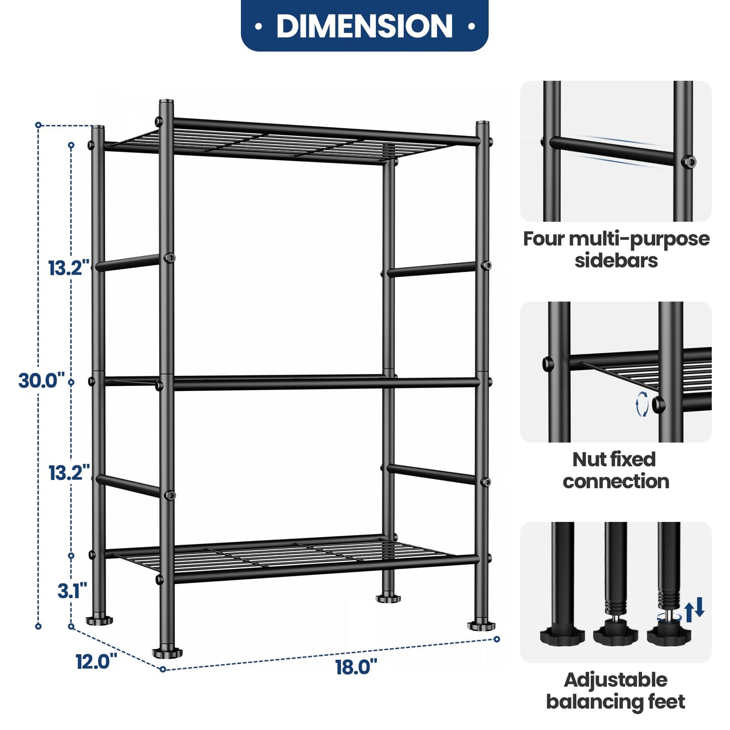 Abiglifty Storage Shelves, 3-Tier Metal Shelving, Wire Shelving with Adjustable Leveling Feet, Shelf Organizer for Bathroom, Closet, Garage