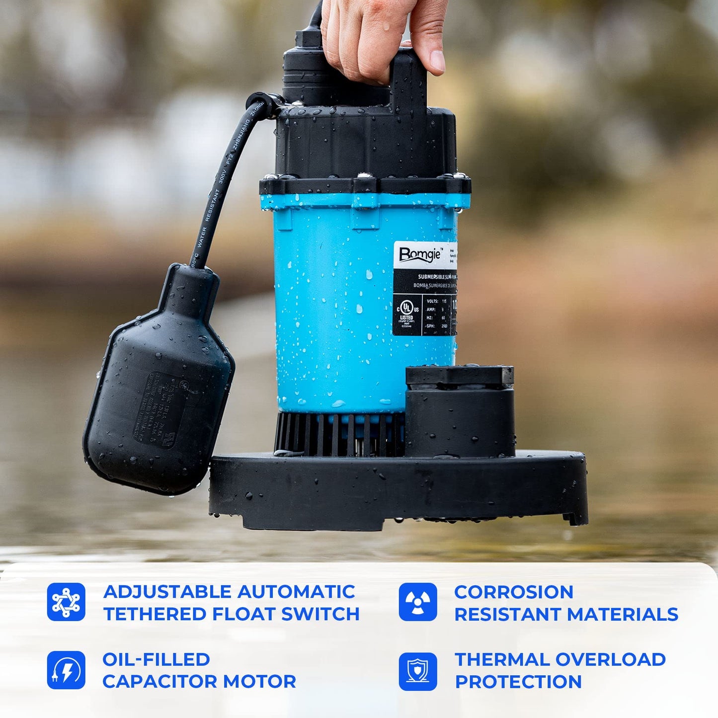 BOMGIE 1/2HP Sump Pump 2980GPH Submersible Water Pump with Automatic Float Switch, Clean/Dirty Water Utility Pump for Pool Draining, Basement Flooding, Irrigation with 10ft Power Cord