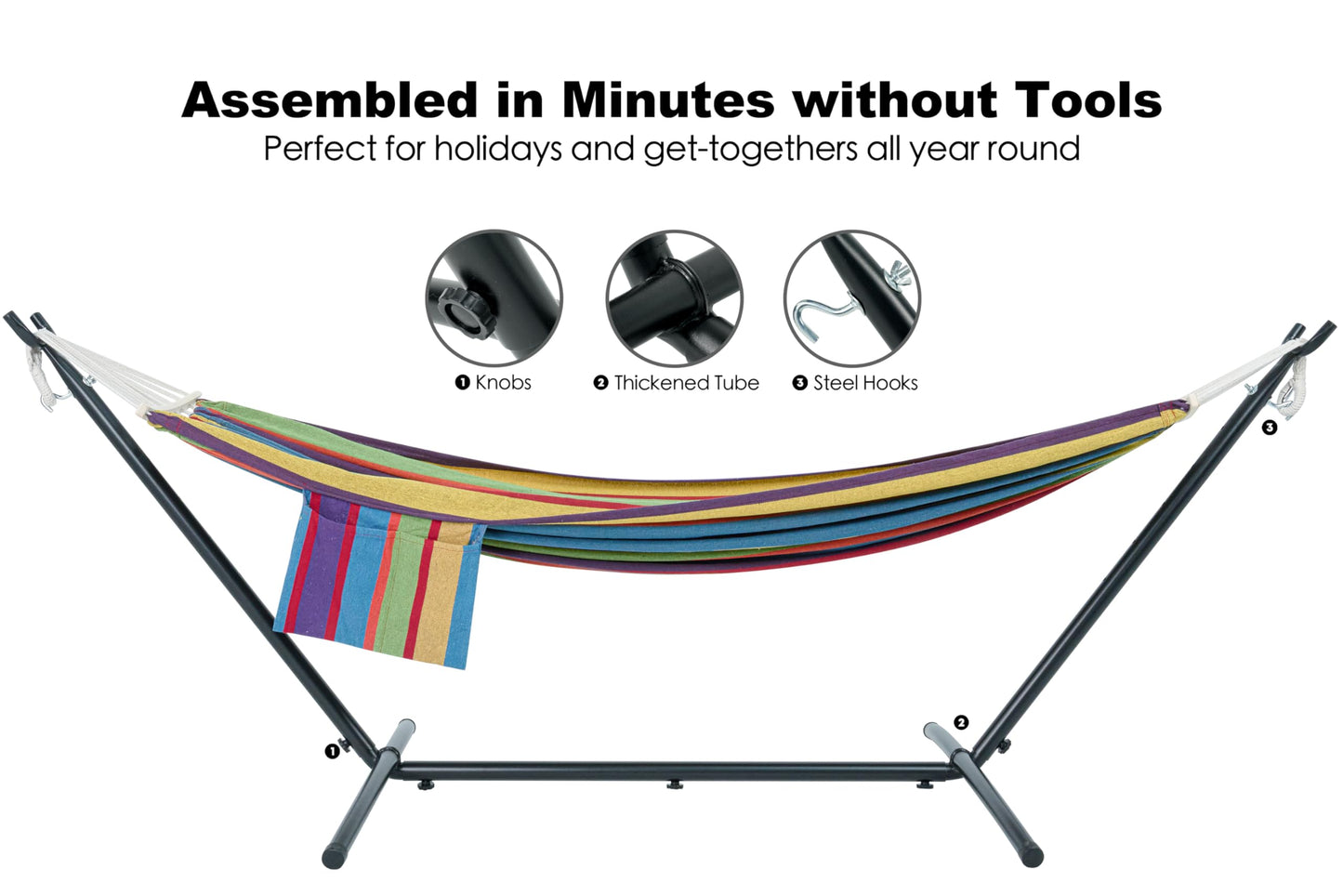 GAFETE Double Hammock with Stand for Outside, Upgraded Spreader Bar, Heavy Duty Space Saving Steel Stand 2 Person, Side Pockets, Easy Assembly, 600lbs Weight Capacity, Indoor & Outdoor (Classic Red)