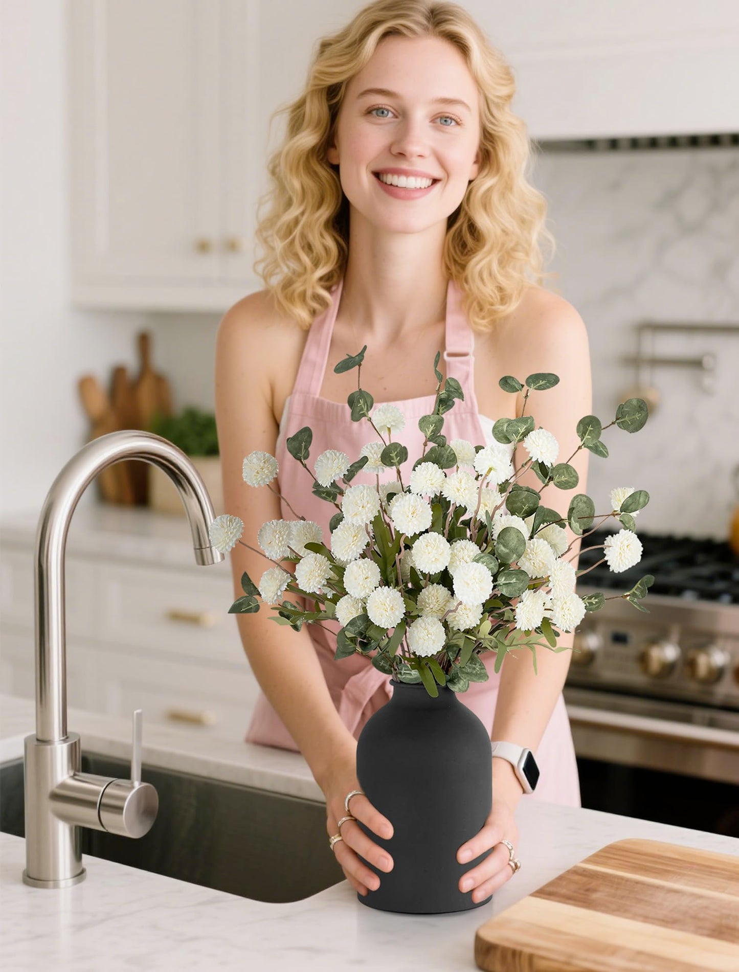 BLOSMON Fake Flowers in Vase for Centerpieces: Metal Vase with 12 Stems of Artificial Mums Kiku Flowers Eucalyptuses Home Table Decor - White Faux Pom Poms Floral Arrangements for Living Room