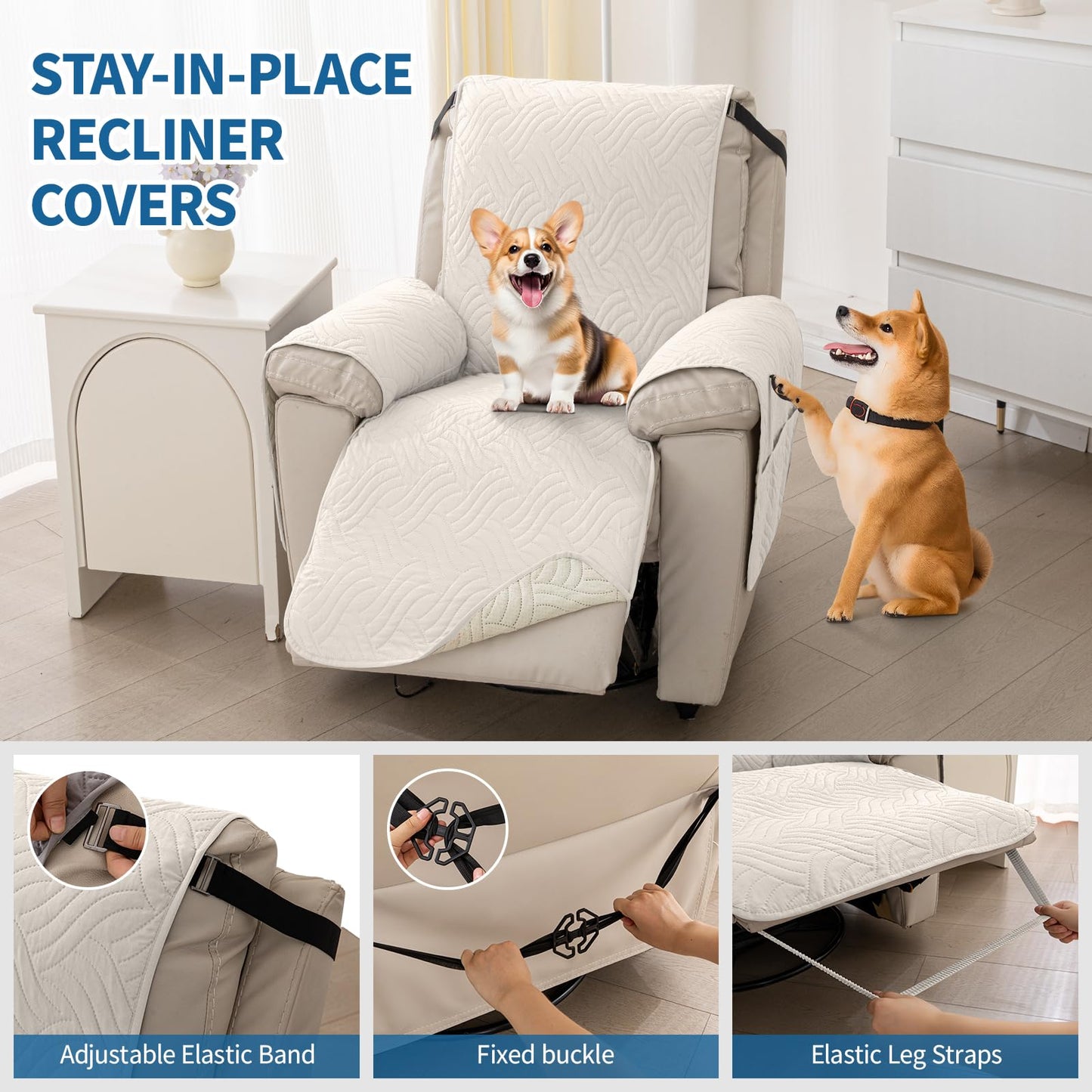 Deep Dream Waterproof Recliner Chair Covers, Non-Slip Recliner Couch Cover, Lazy Boy Chair Cover Furniture Protector, Washable Quilted Sofa Slipcover with Pocket for Pets, Kids(Off White, 23")