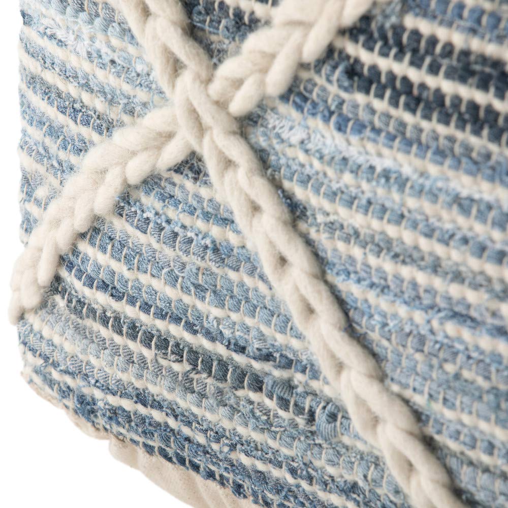 SIMPLIHOME Cowan Square Pouf - 20 inch Wide Handloom Woven Wool and Cotton Ottoman in Blue and Natural, Contemporary Footstool or Extra Seating for Living Room, Bedroom, or Kids Room, Assembled
