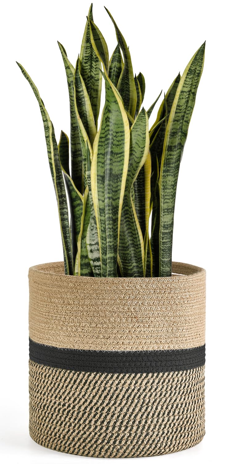 Dahey Jute Rope Plant Basket Modern Woven Storage Basket for 10.5" Indoor Planter, Decorative Flower Pots Cover Laundry Bin with Handle Rustic Home Decor, Black