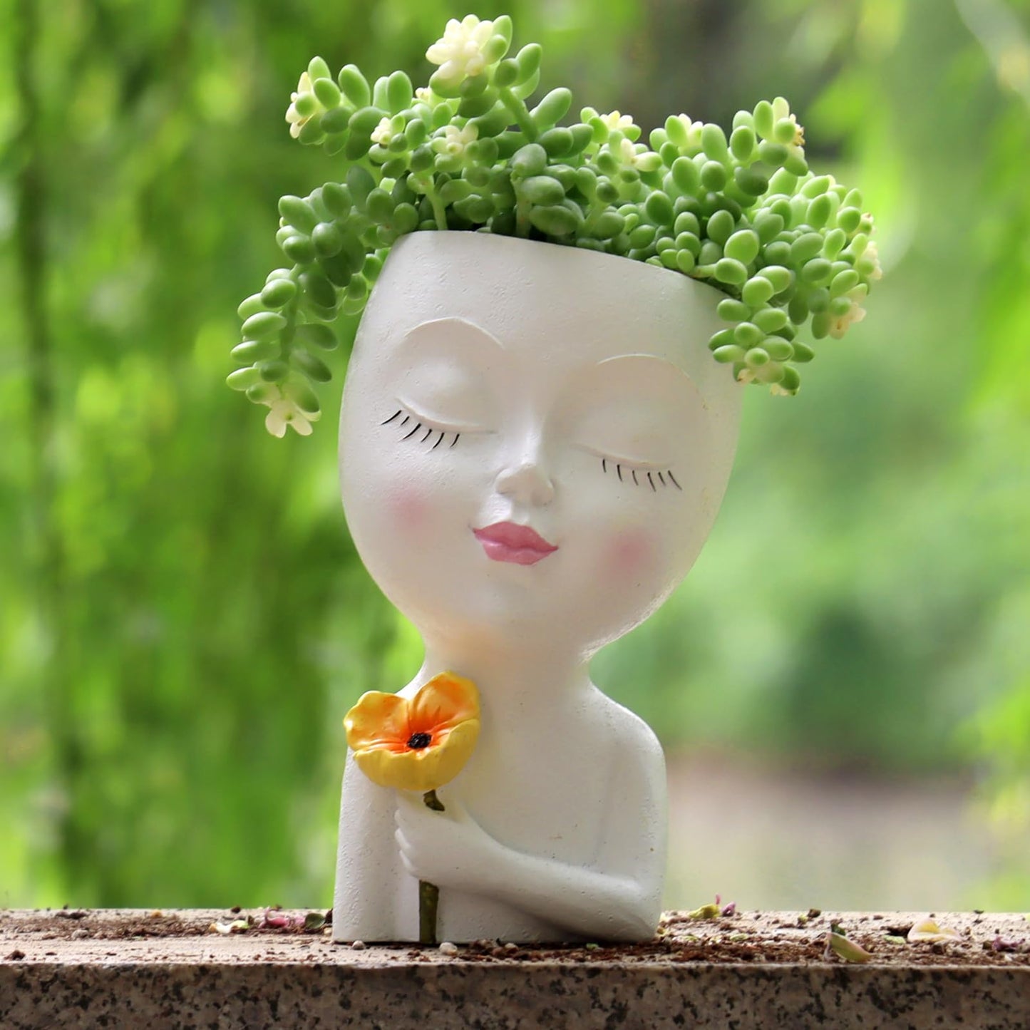 Meltset M Face Planter Pot Head Planter for Indoor Plants, Cute Girl Holding Poppy Flower Pot with Drainage Hole, Resin Succulent Cactus Planter, Unique Gardening Gifts for Women Mom Teacher (White)