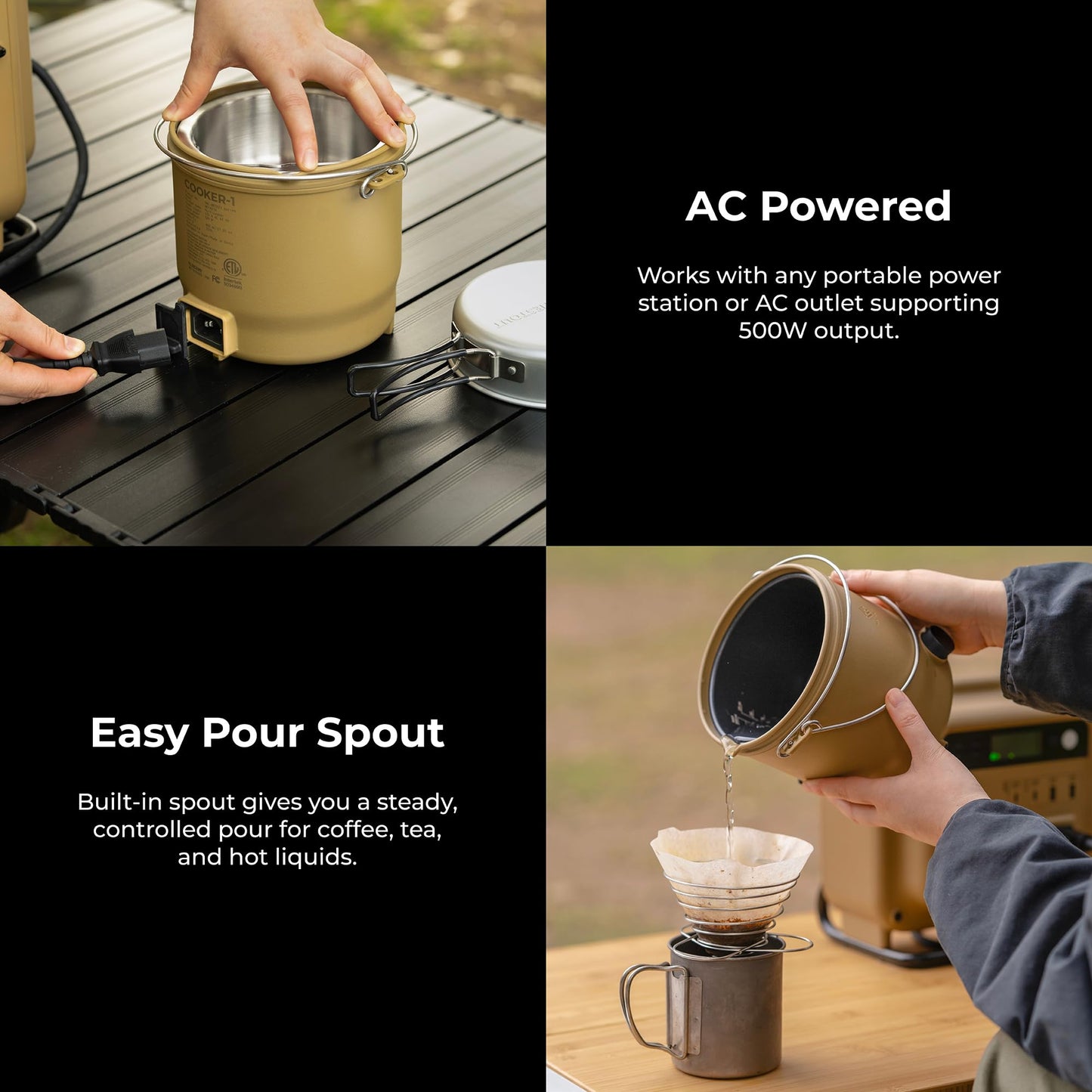NESTOUT COOKER-1 Electric Cooker 500W Camping Stove, Portable Plug-In for Power Stations, Rice Cooking Mode, 3 Heat Settings, 800ml Capacity, Durable Outdoor Use (Beige)