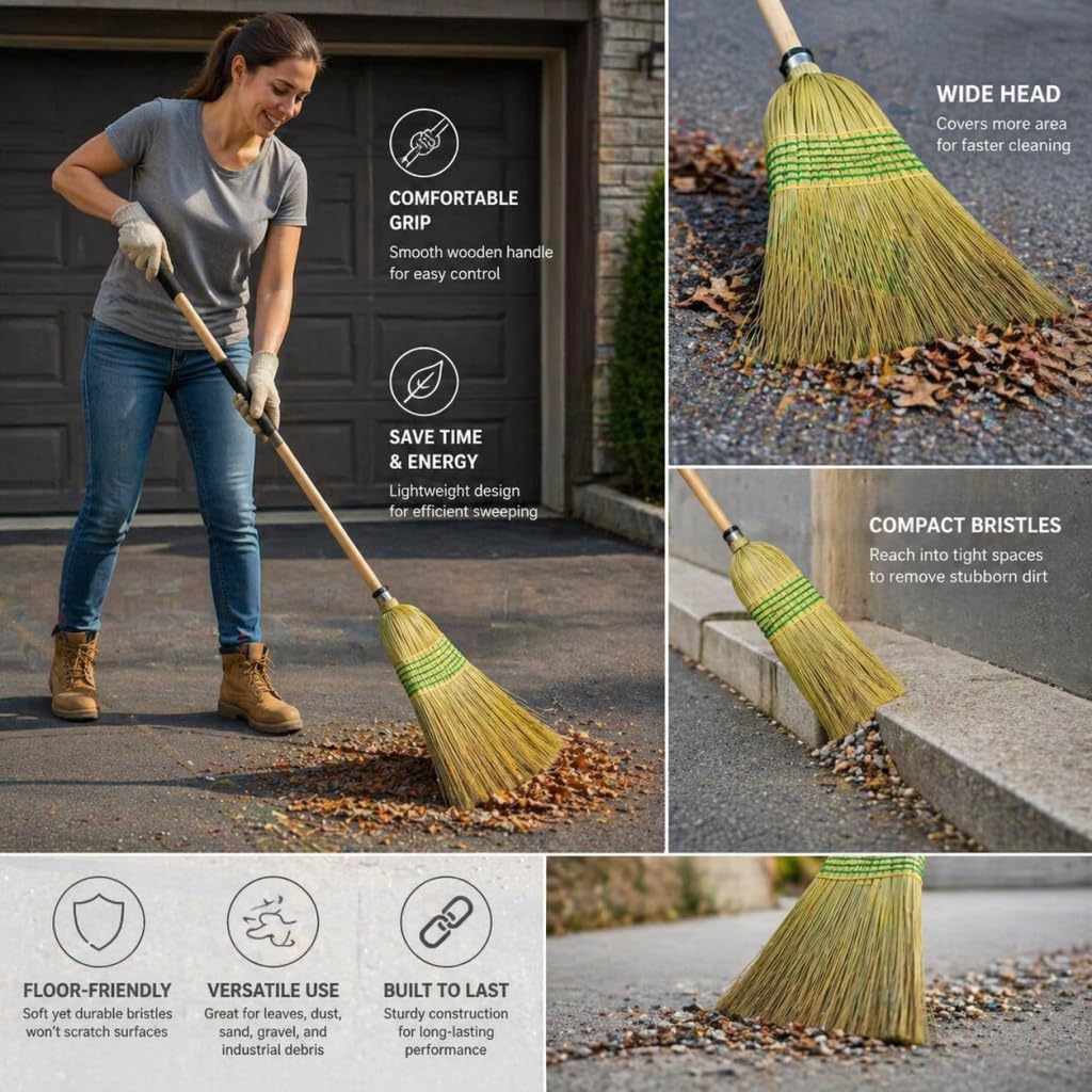 Straw Broom,Handmade Corn Broom Made from Natural Corn stalks, Outdoor Broom Equipped Wooden Handle. Natural Broom Reinforced