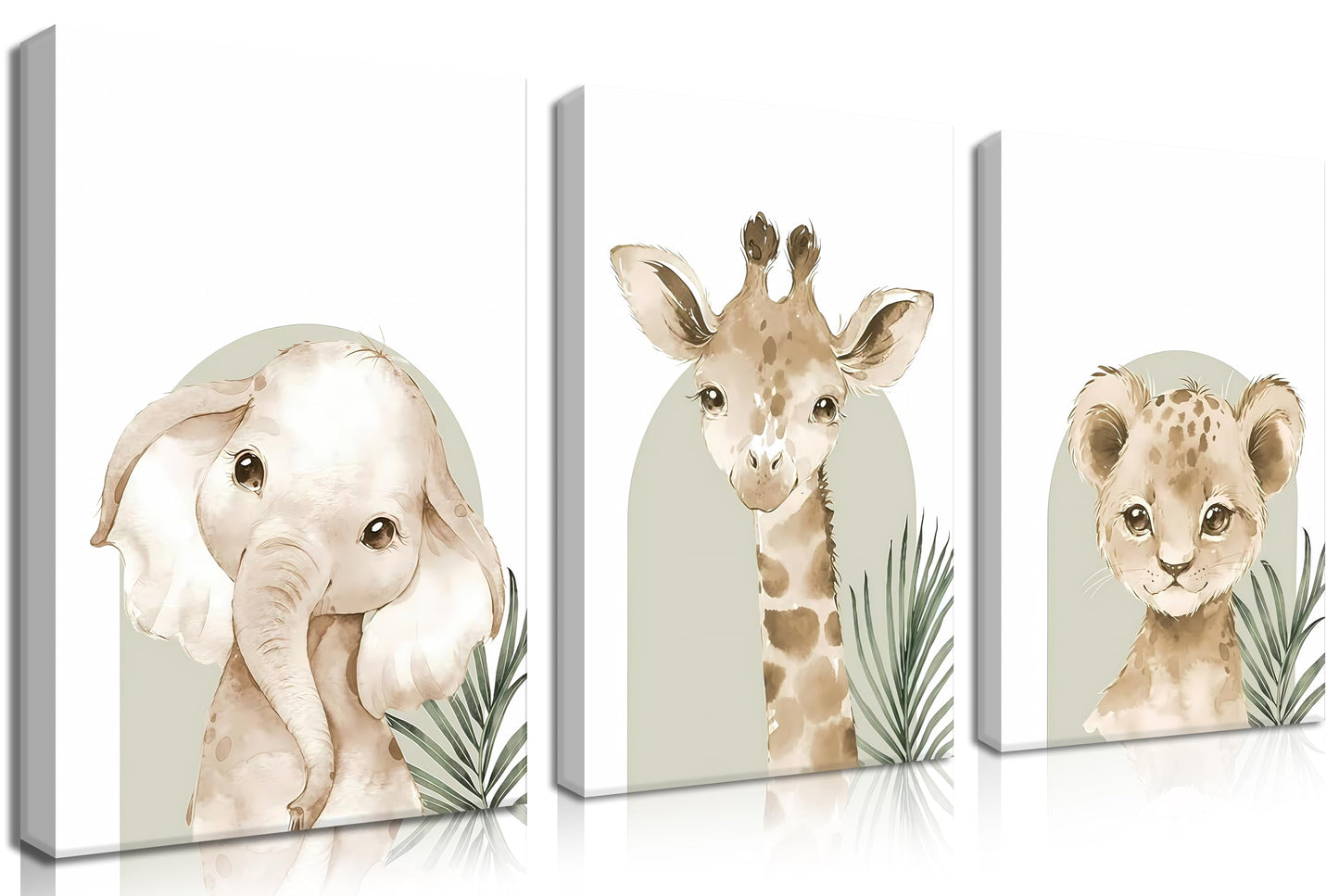 Nursery Wall Decor Set of 3, Cute Animal Lion Elephant Baby Pictures Poster Prints, Giraffe Jungle Canvas Wall Art Woodland Nursery Decor for Boys Girls Room Decoration 12x16 inch Framed