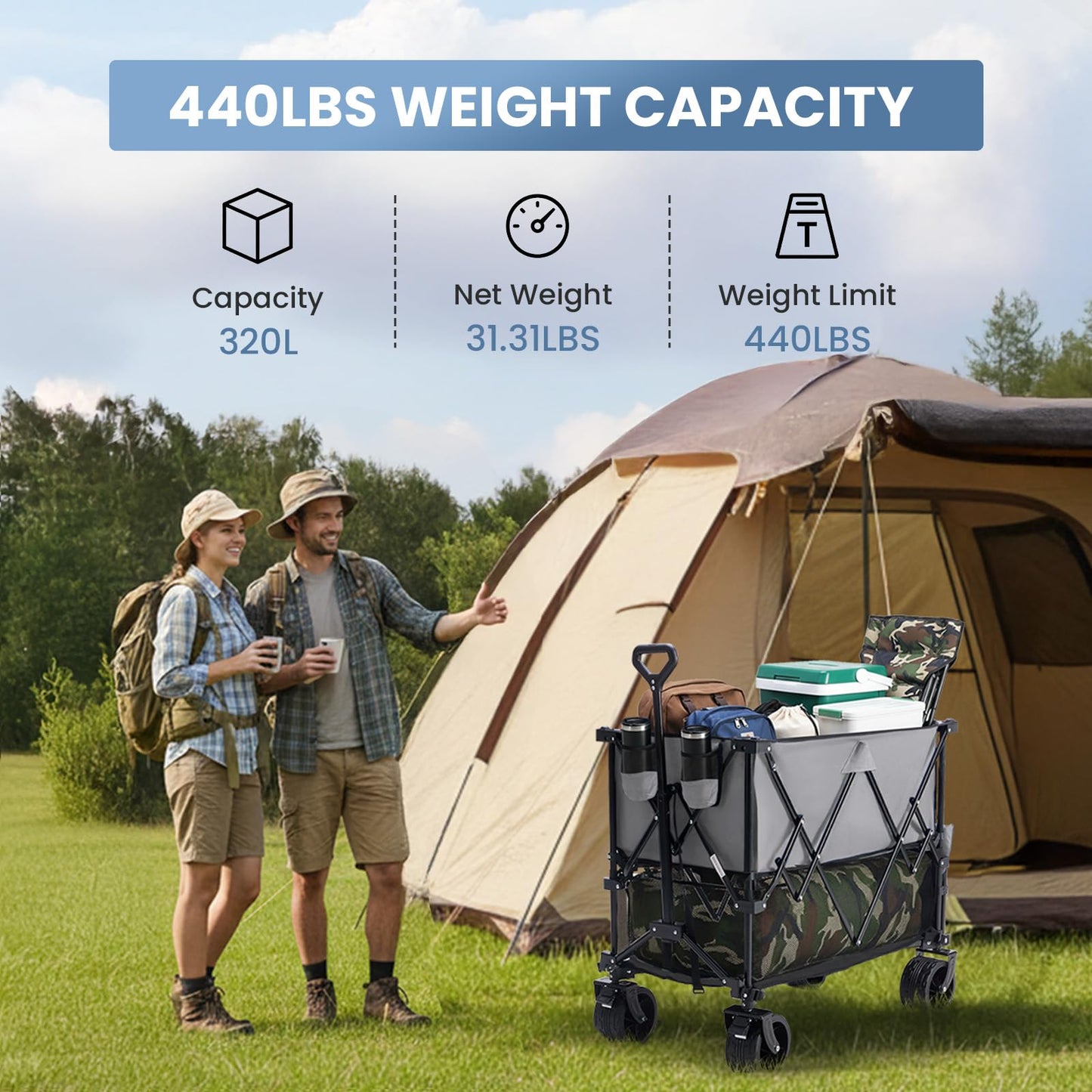 NEWBULIG Large Capacity Folding Double Decker Wagon with Brakes, 440lbs Wagons Carts Foldable Wagon Cart with Flexible Handle, All-Terrain Big Wheels for Grocery Sports Garden Camping