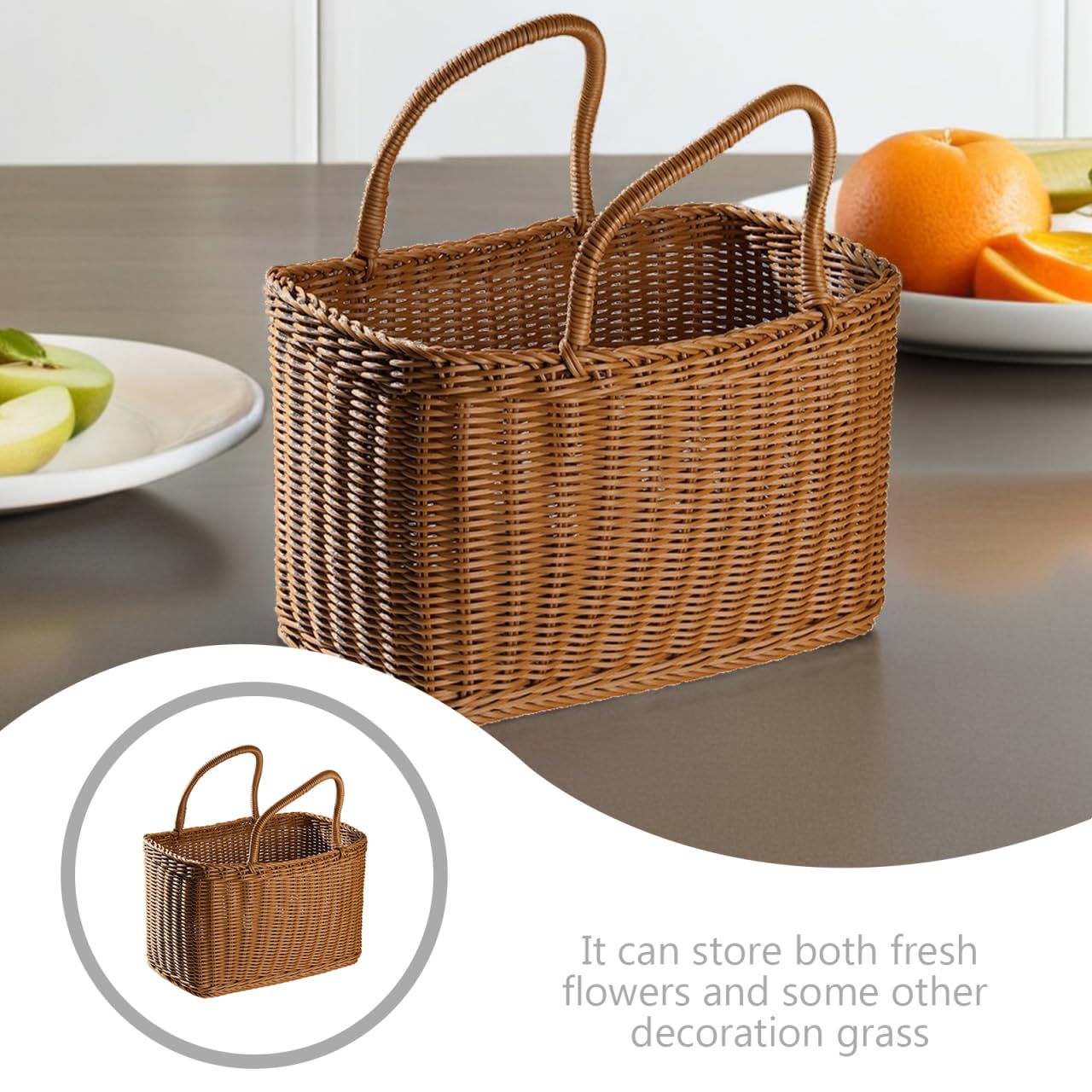 IMIKEYA Plastic Woven Picnic Basket with Handle - Woven Shopping Basket 14.7x7.7x6.7 Inch Store Container for Fruits Food Flowers Bread Organizer