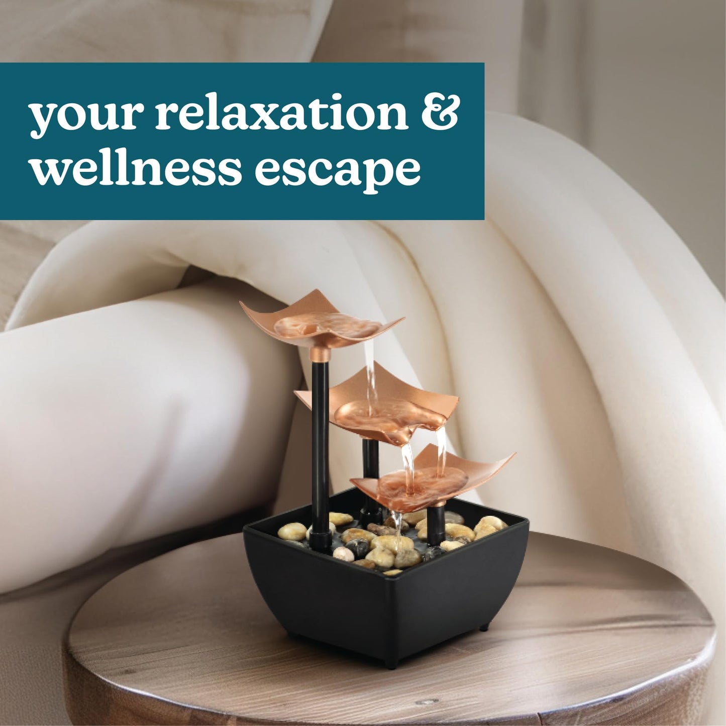 Homedics Tabletop Water Fountain, 3 Tier Indoor Waterfall Fountain with Natural River Rocks, Quiet Pump for Relaxation, Zen Home & Office Desk Décor, AA Battery Powered