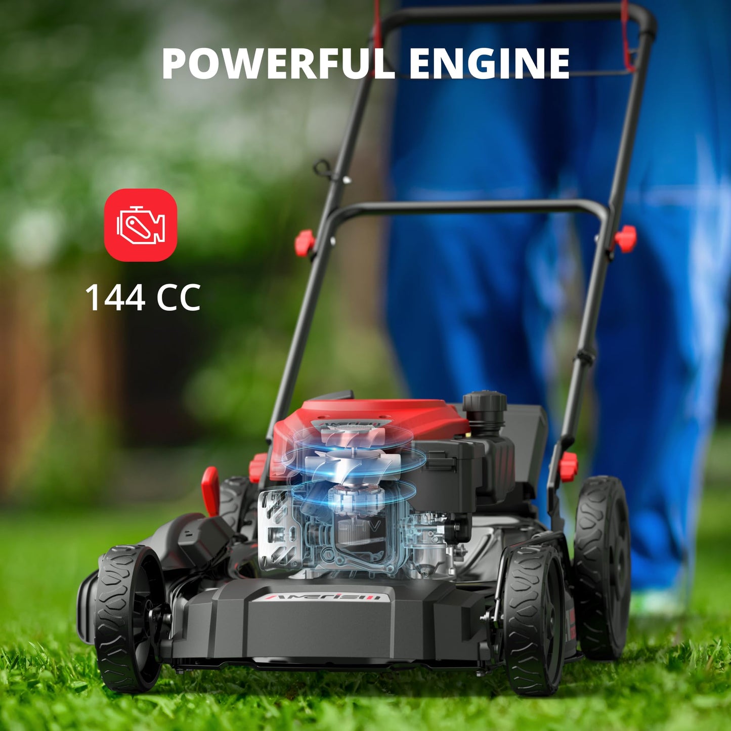 AMERISUN 21 Inch Gas Push Lawn Mower, 2-in-1 Mulching & Side Discharge, 144cc 4-Stroke OHV Engine, 6-Position Height Adjustment, Lightweight Push Mower for Small to Medium Yards
