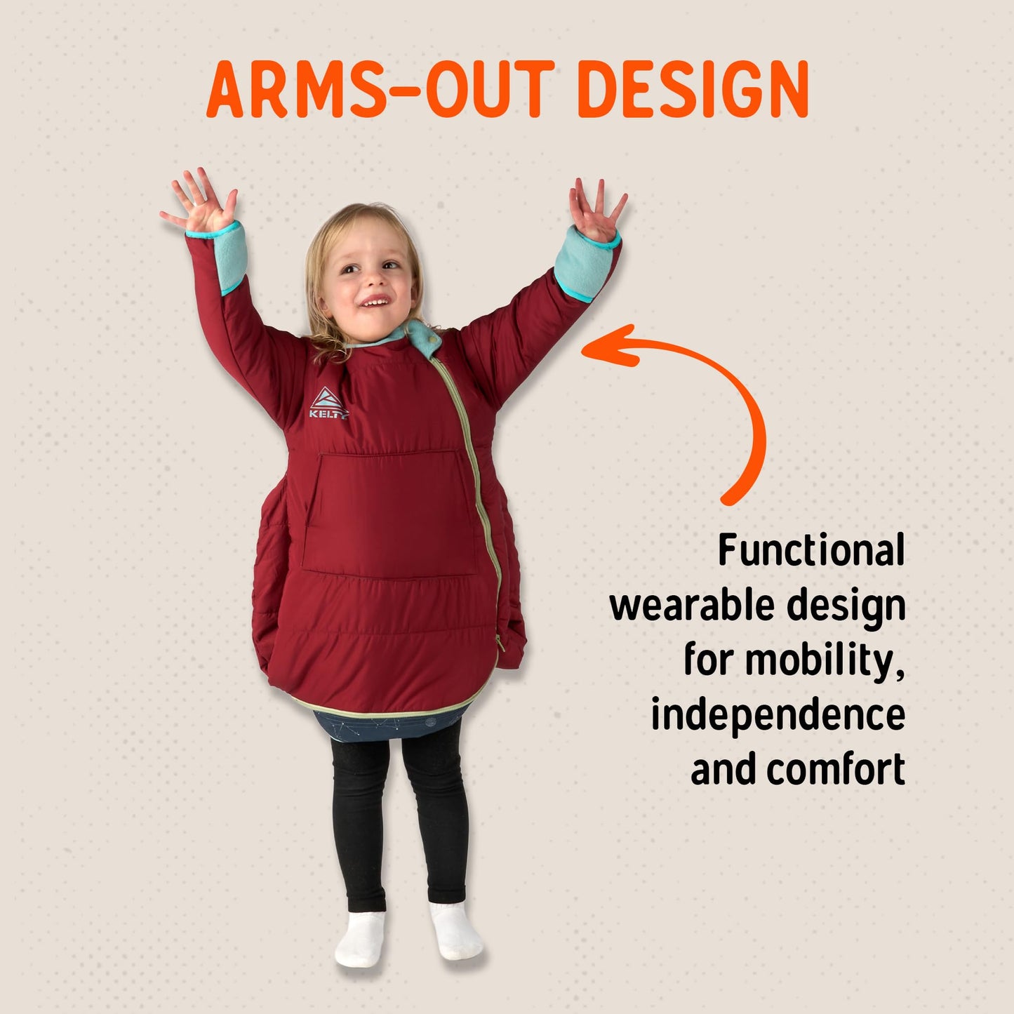 Kelty Space Cadet Infant and Toddler Sized Arms-Out Sleeping Bag, 30-40F Degree Rated, 8M-4T, Fleece-Lined Hand Covers (40F / 2-4T)