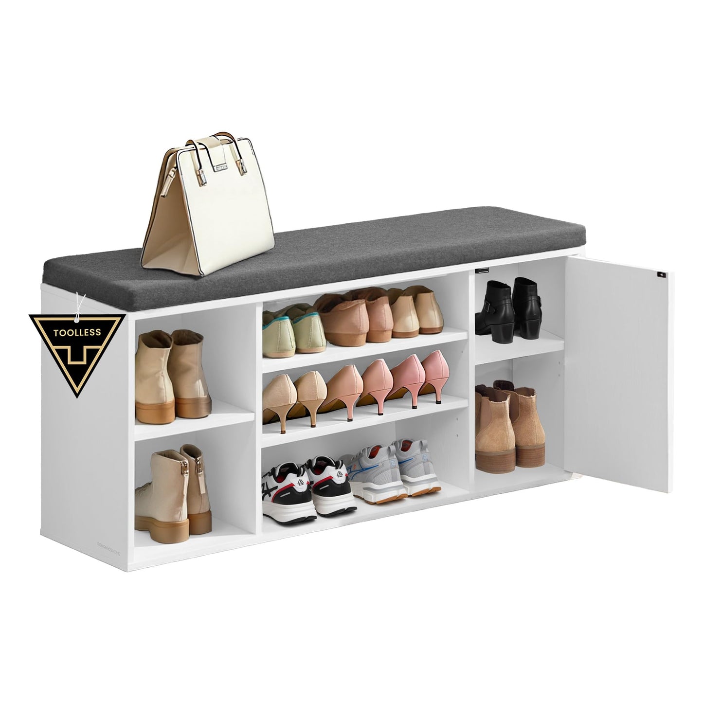 SONGMICS HOME Storage Bench, Superfast Toolless Assembly, 41" Wide Entryway Shoe Cubby Bench with Cushion & Adjustable Shelves, Window Shoe Rack Cabinet, Snow White and Slate Gray ULHS391WE02S