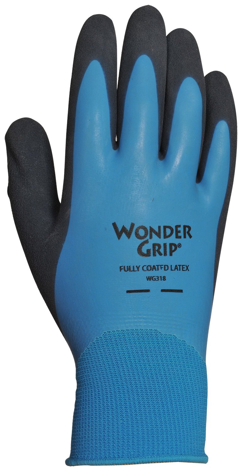Wonder Grip WG318L Liquid-Proof Double-Coated/Dipped Natural Latex Rubber Work Gloves 13-Gauge Seamless Nylon, Large, Blue