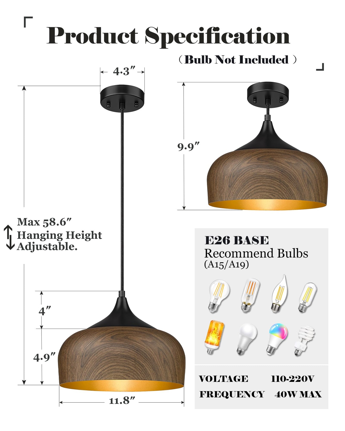 ELYONA Modern Pendant Light Walnut Wooden Pattern Dome Pendant Light Fixture Matte Black Metal Gold Inner Finish Adjustable Hanging Lighting for Kitchen Island Dining Room Office Hallway Foyer Bedroom