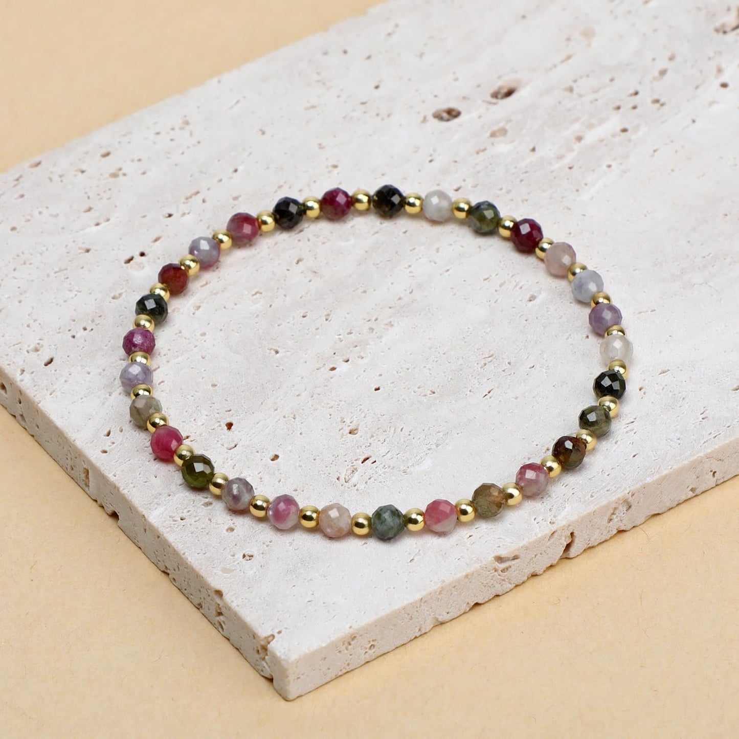 QOGIR Multicolor Tourmaline - Stone of Inner Balance - 14K Gold Plated Beads Natural Gemstone Stretch Elastic Dainty Healing Beaded Bracelets Gifts 4mm