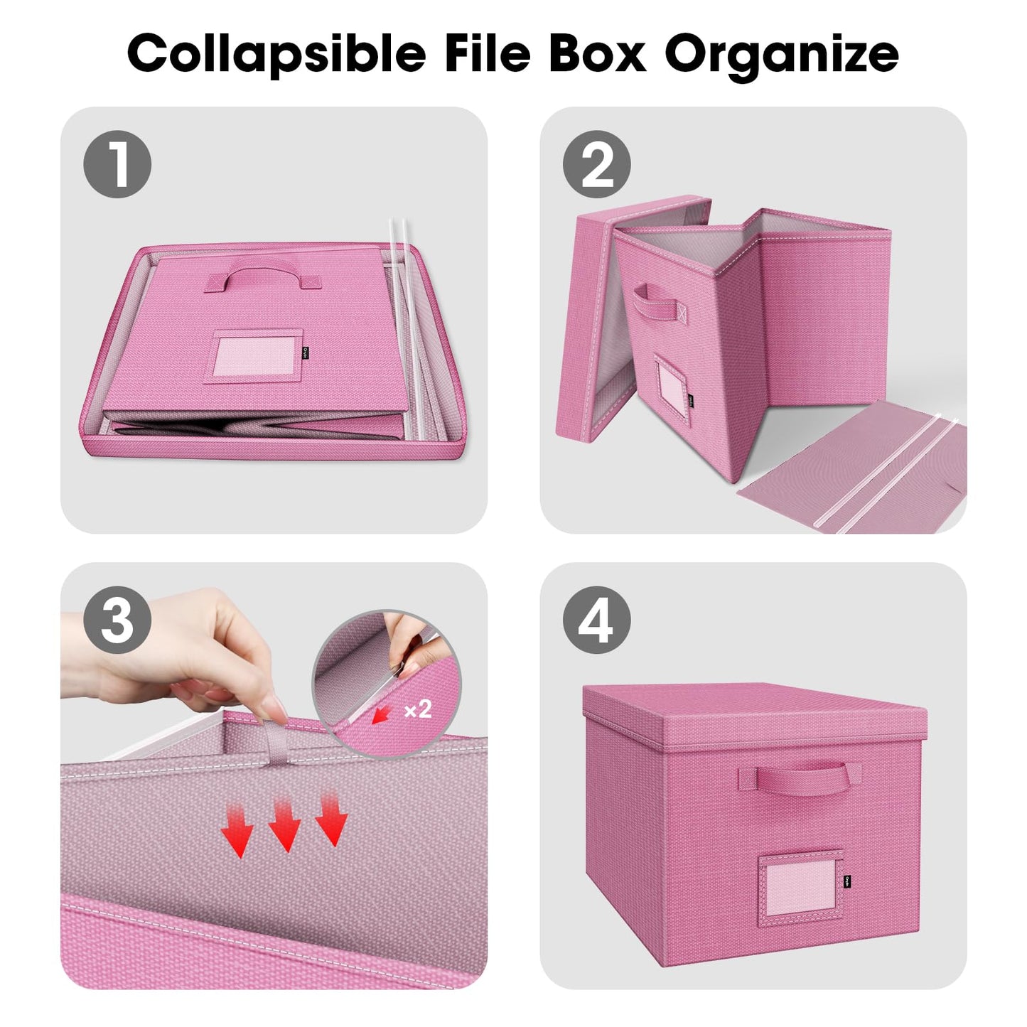 Onylin File Organizer Box with Lid, Linen Hanging File Storage Box with Handle, Collapsible Document Filling Box for Letter/Legal Folder, Portable File Box for Office/Decor/Home (1 Pack, Pink)