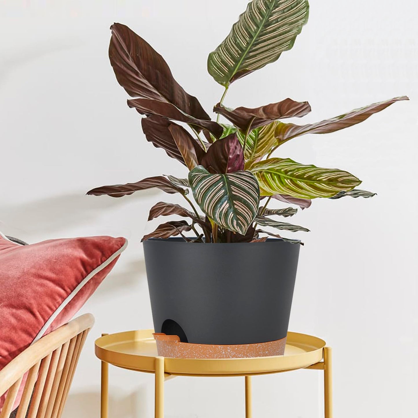 SwinDuck 12inch Large Self Watering Plant Pot, Plastic Cylinder Planter with 60Oz Deep Reservoir and Saucer for Indoor Outdoor Plants Flowers Houseplants, Black with Brown