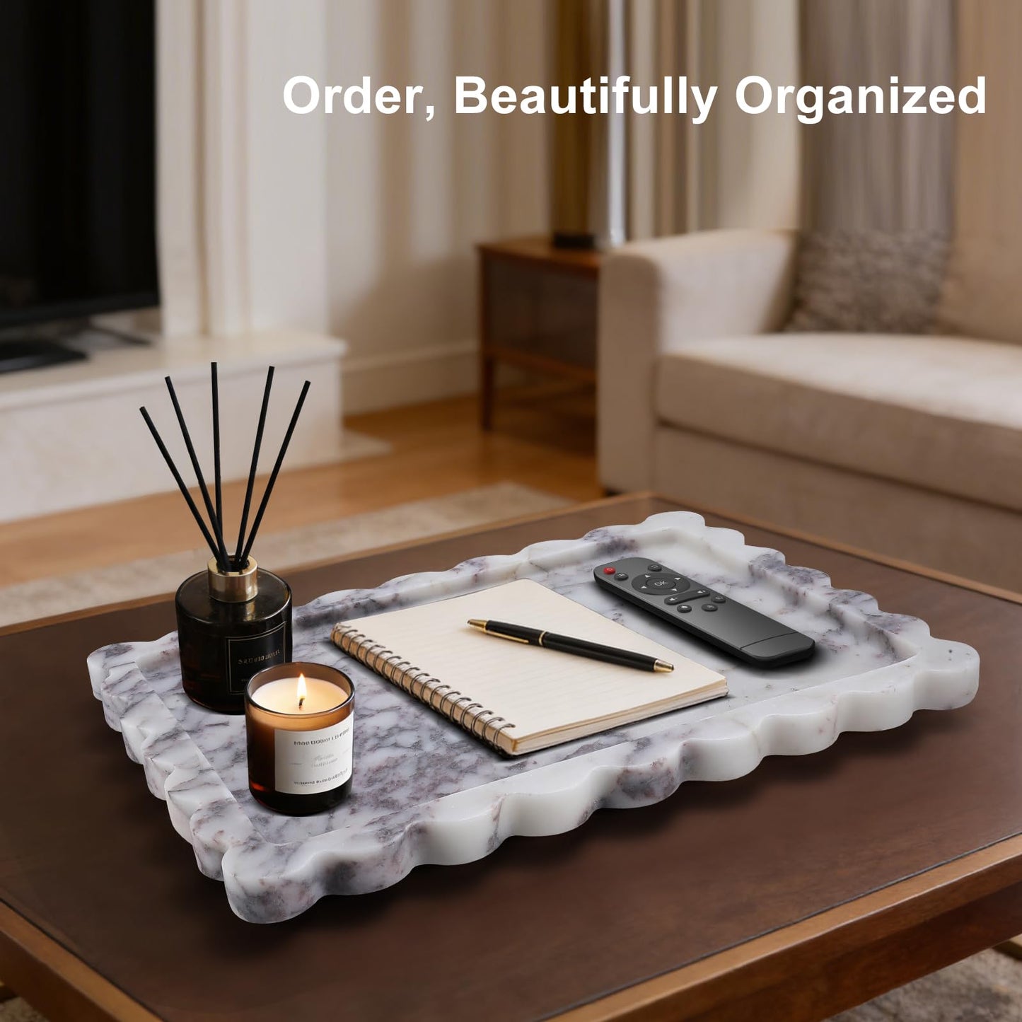 PebblePure 14" x 10" Large Genuine Calacatta Viola Scalloped Marble Tray, Pre-Sealed for Stain & Water Resistance, Luxury Decorative Trays for Vanity, Bathroom, Dresser, Coffee Table, Home Decor