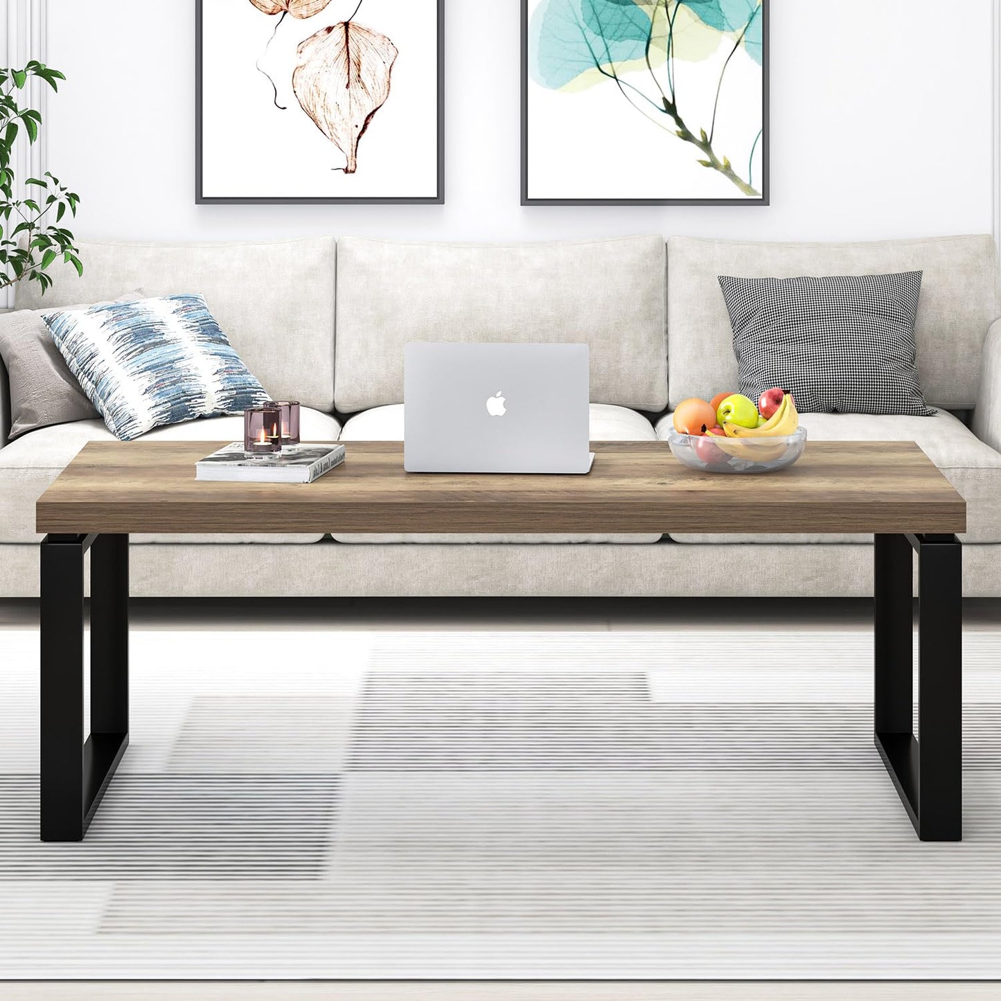 EXCEFUR Coffee Table, Modern Wood and Metal Living Room Table, Industrial Rectangle Center Table for Home Office, Rustic Oak, 47 Inch