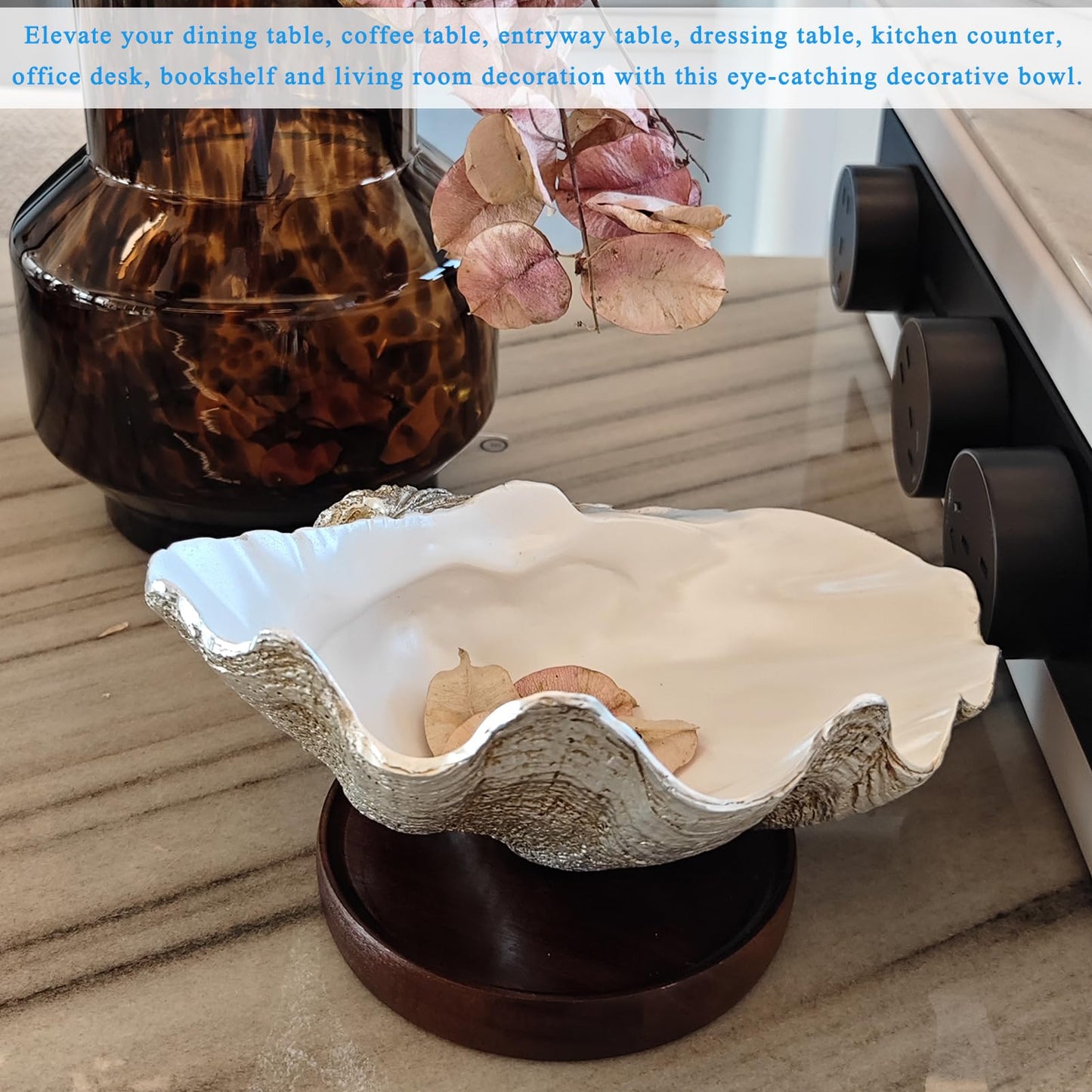 Afadorable Resin Seashell Decorative Bowl Large Clam Shell Storage Bowl for Coffee Table Centerpiece Home Kitchen Entryway Table Decor Beach Themed Wedding Party Decoration (Silver-Pearl White)