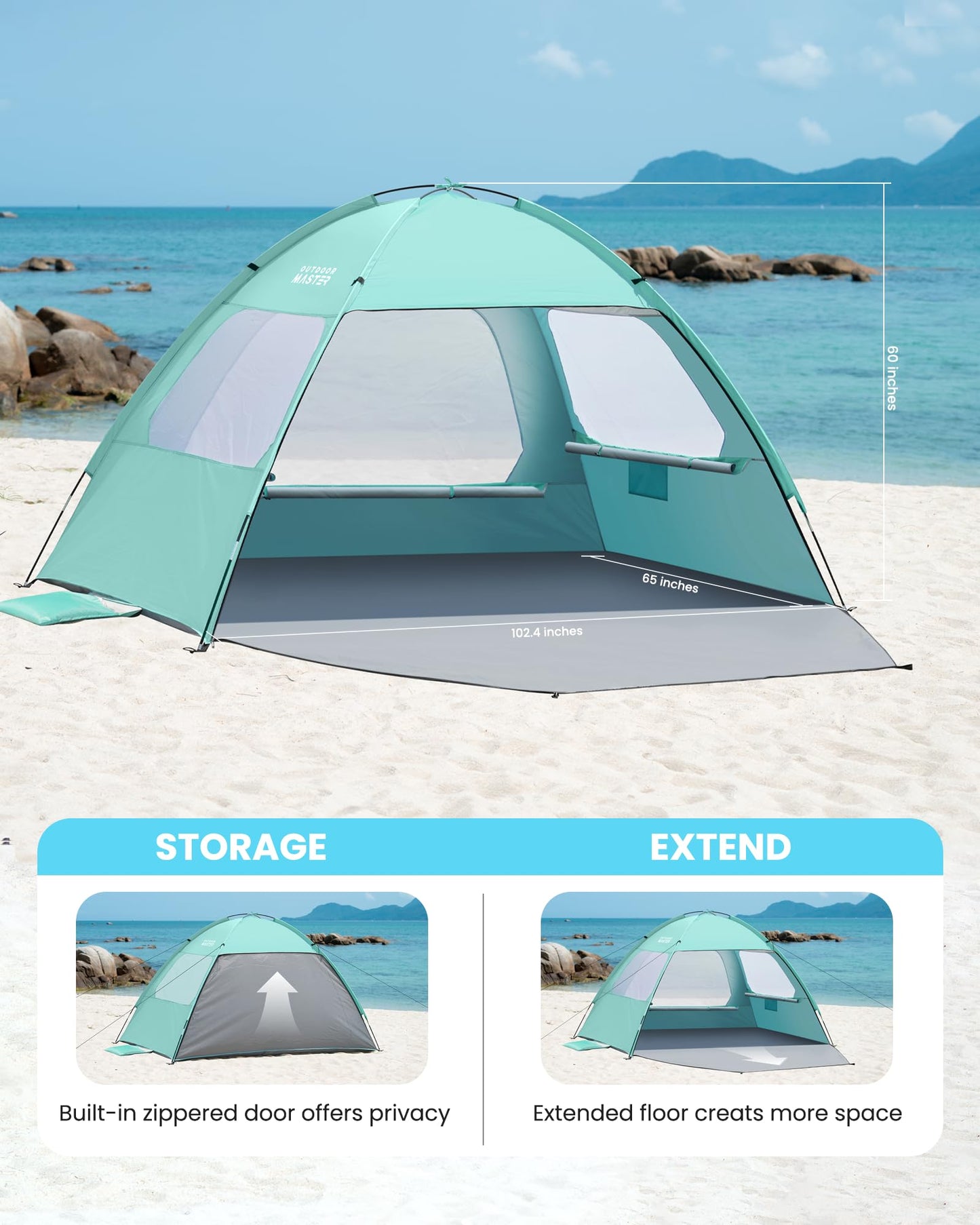 OutdoorMaster Beach Tent for 3/4 Person - Easy Setup Sun Shade Shelter, Portable Beach Shade Sun Canopy with UPF 50+ UV Protection, Removable Skylight Family Size - 4 Person Green
