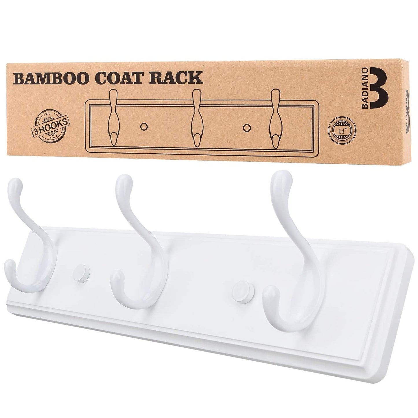 Badiano Wooden Coat Rack, Wall-Mounted Organizer for Closet, Entryway, Hallway, Foyer, Bedroom, Heavy Duty Double Hooks for Hanging Towels, Bags, Hats, Jackets, Key (White, 3 Hooks)