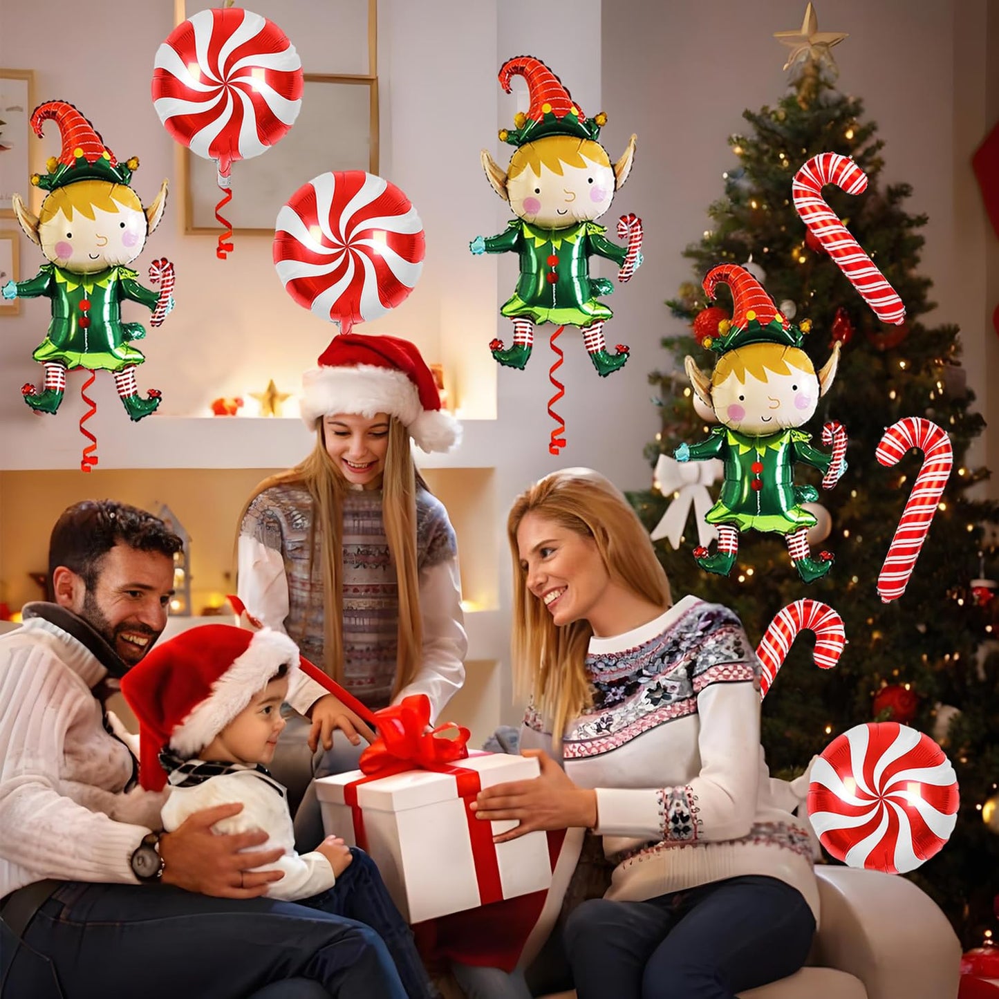 Pensar 9Pcs Christmas Elf Balloons Candy Cane Foil Balloons for Xmas Candies Theme Decor, Elf Party Decorations, New Year Christmas Decoration Party Supplies