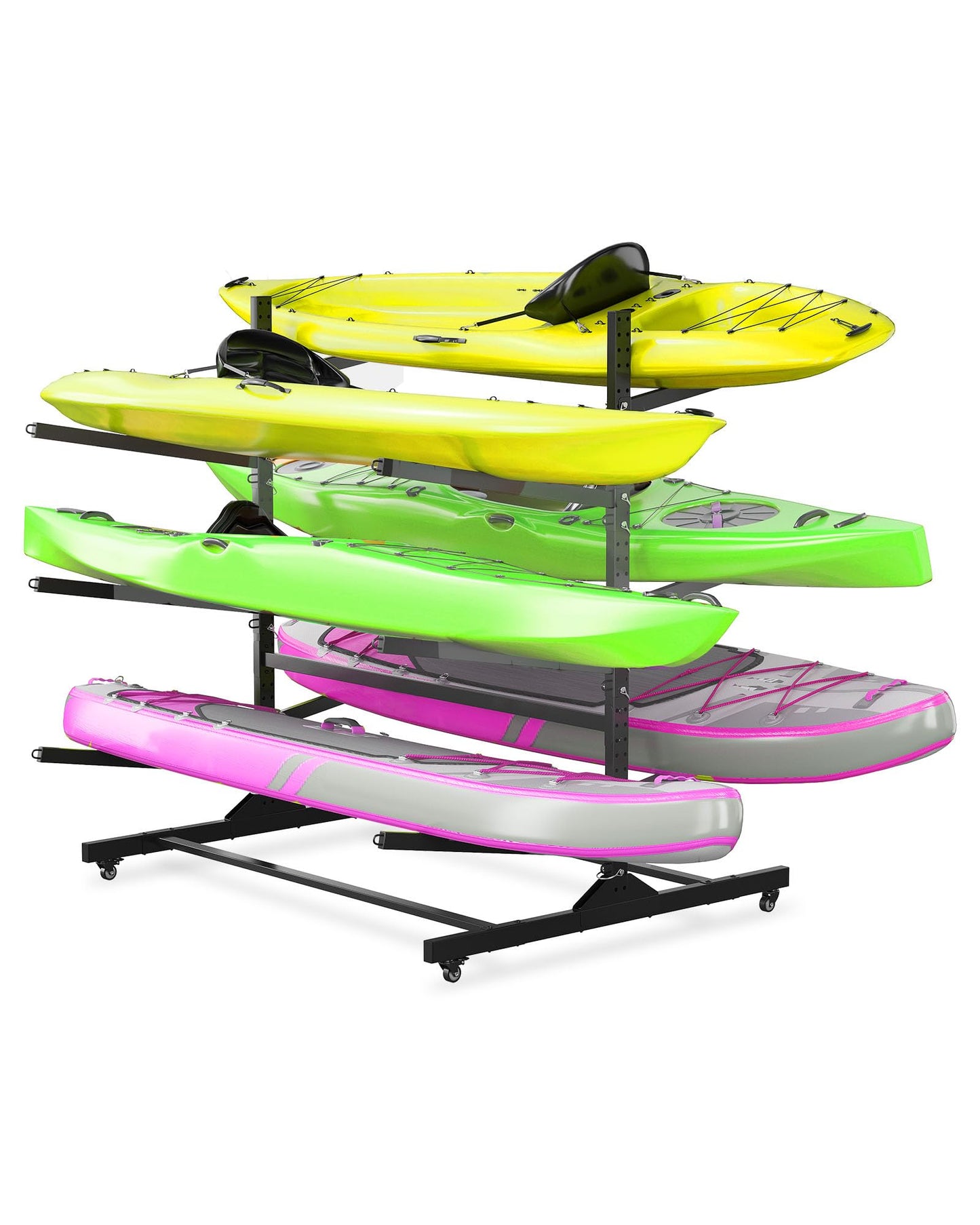 GarveeLife Kayak Storage Rack for 6 Kayaks Freestanding Kayak Rack for Outdoor Storage with Movable Wheels, Heavy-Duty Steel Kayak Hanger Holder with Hanging Straps