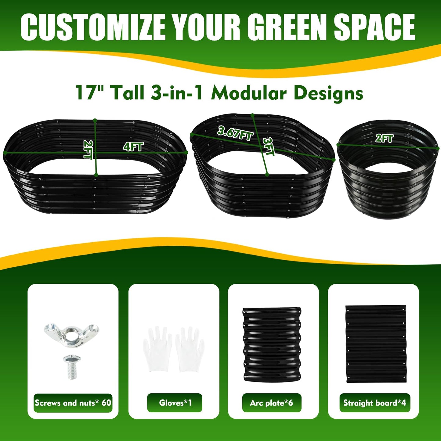 TBMLC 17" Tall Elevated Oval Metal Raised Garden Bed - 4ft x 2ft in Size and 0.8MM Thick Durable Planter Bed/Box for Vegetables Flowers Succulent at Patio/Garden Outdoor (Black, 4X2X1.4 FT)