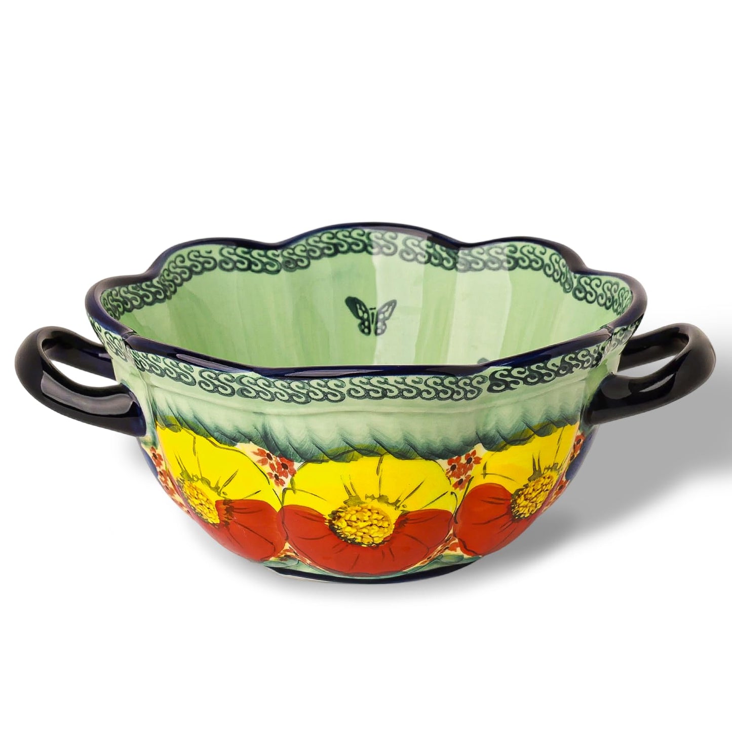 silesia Handmade Salad Bowls with Handles, 45 oz Hand-Painted Serving Bowl, Large Ceramic Crocks for Soup, Pasta, Stew, Microwave & Dishwasher Safe, Kitchen Decor Gift (Glazed Green)