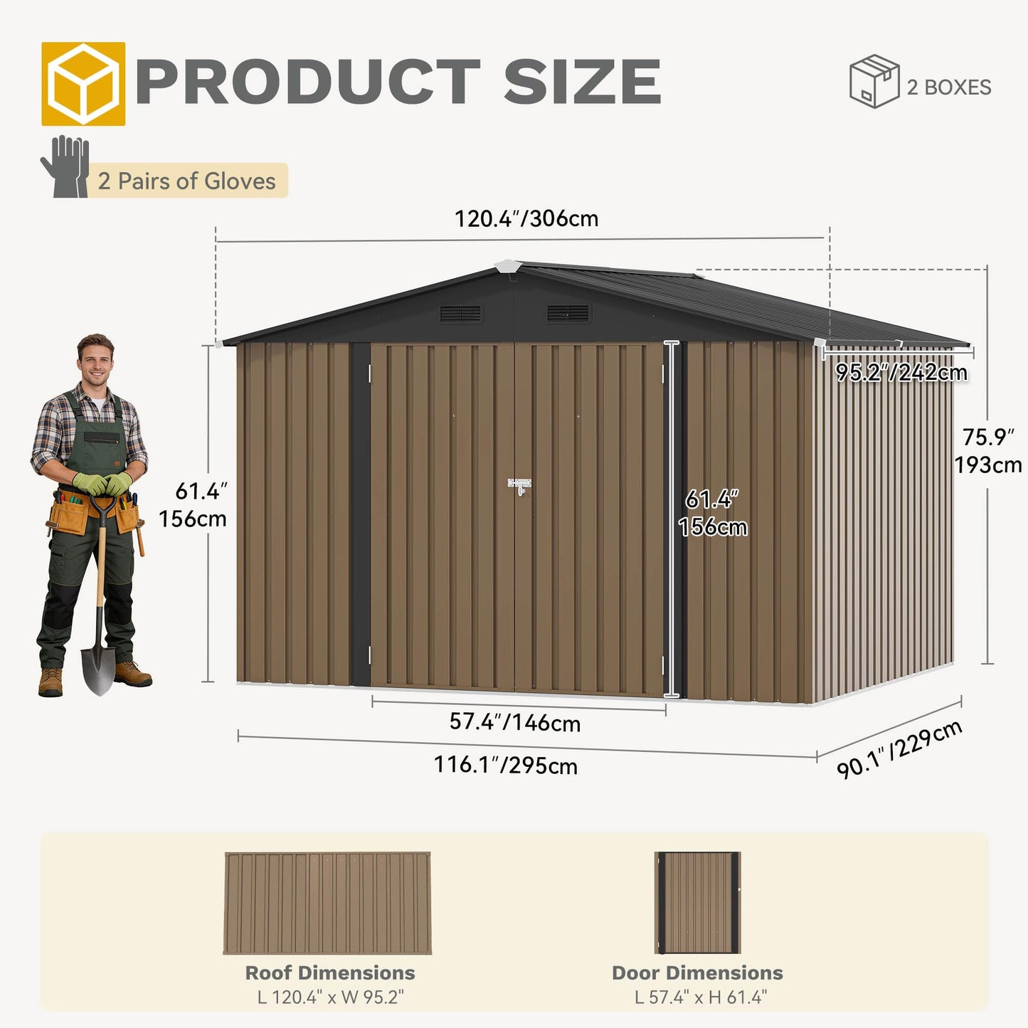 DWVO 10x8FT Outdoor Storage Shed, Spacious Metal Tool Shed with Lockable Doors & Ventilation for Patio, Lawn, and Backyard, Ideal for Storing Garden Equipment, Lawnmowers, and Bicycles, Brown