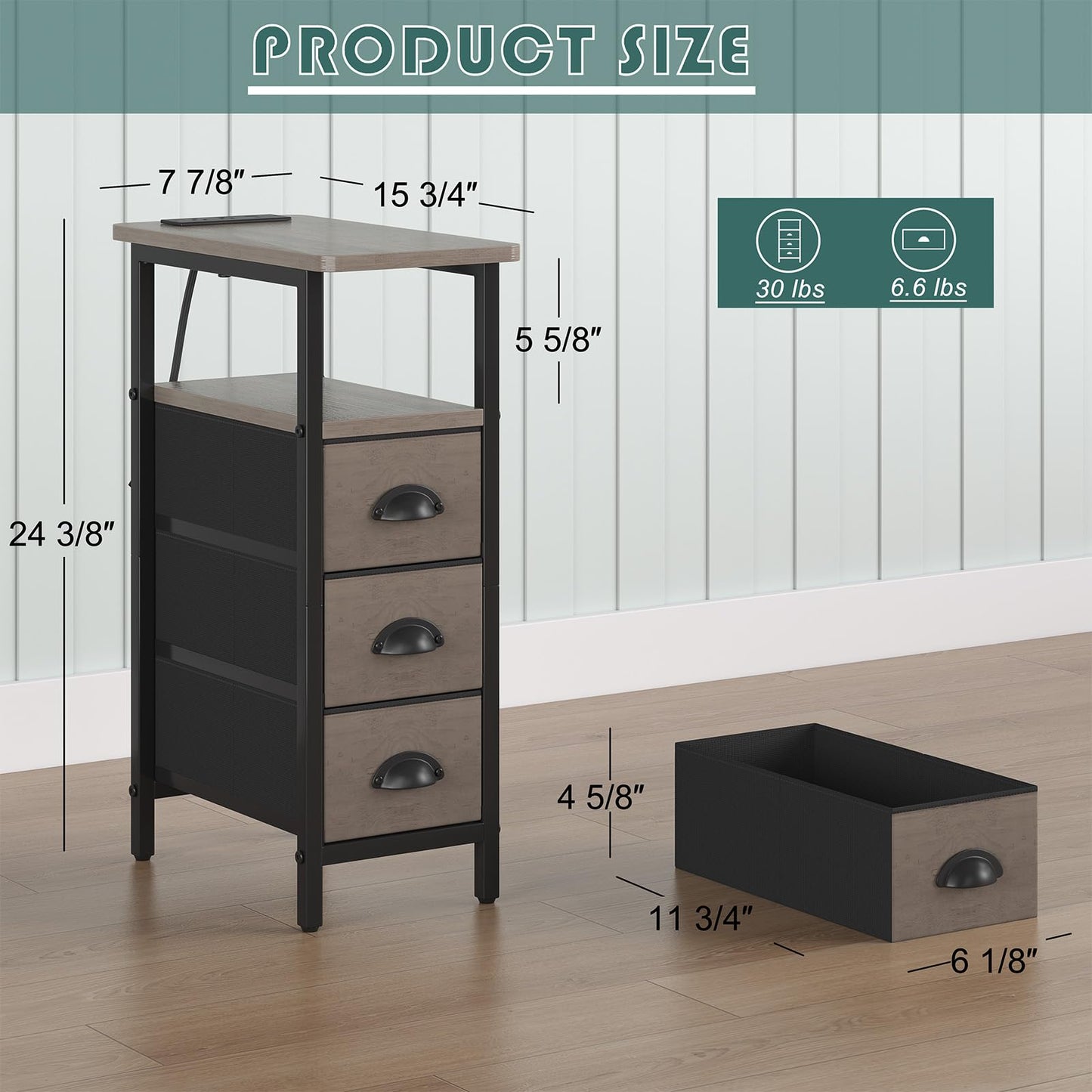 sthmec End Table with Charging Station,Narrow Side Tables with USB Ports and Outlets,Skinny Bedside Tables with 3 Drawers,Small Tables Nightstands for Small Space,Slim Sofa Table for Livingroom,Grey