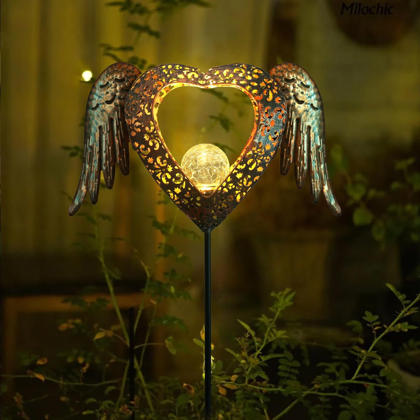 GOODME Solar Garden Lights Waterproof Metal Solar Warm White LED Stake Light Memorial Gift Metal Stakes Lights Crackle Glass Light for Lawn, Pathway, Patio Decor (Heart-Wing)